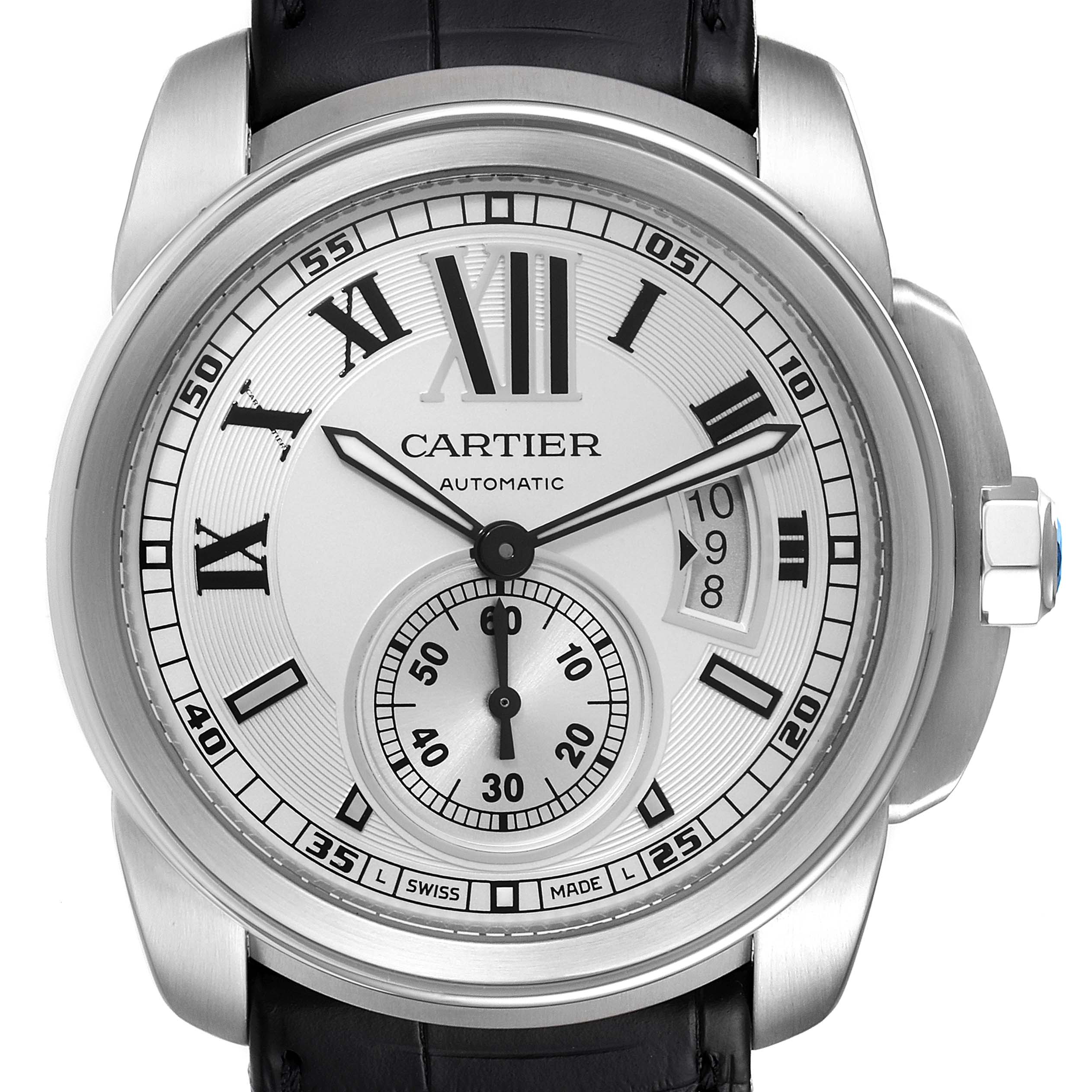 The image shows a front view of the Calibre de Cartier watch by Cartier, highlighting the dial, hands, and case.
