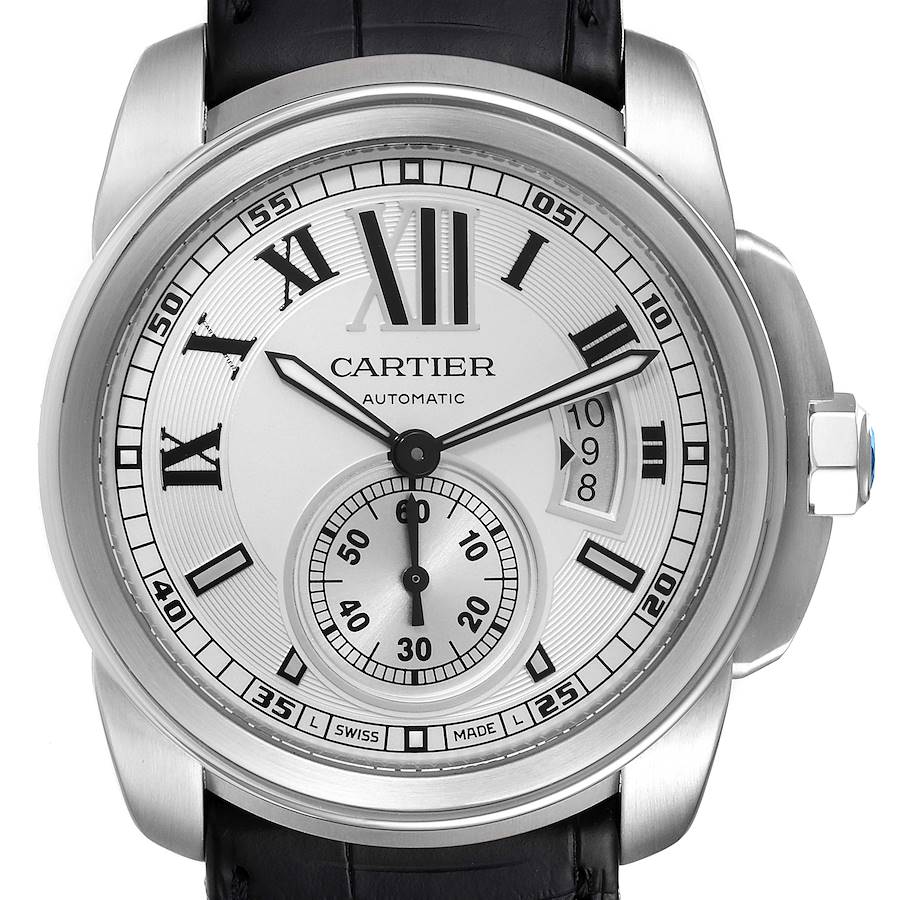 Cartier Calibre Silver Dial Stainless Steel Mens Watch W7100037 Box Papers SwissWatchExpo