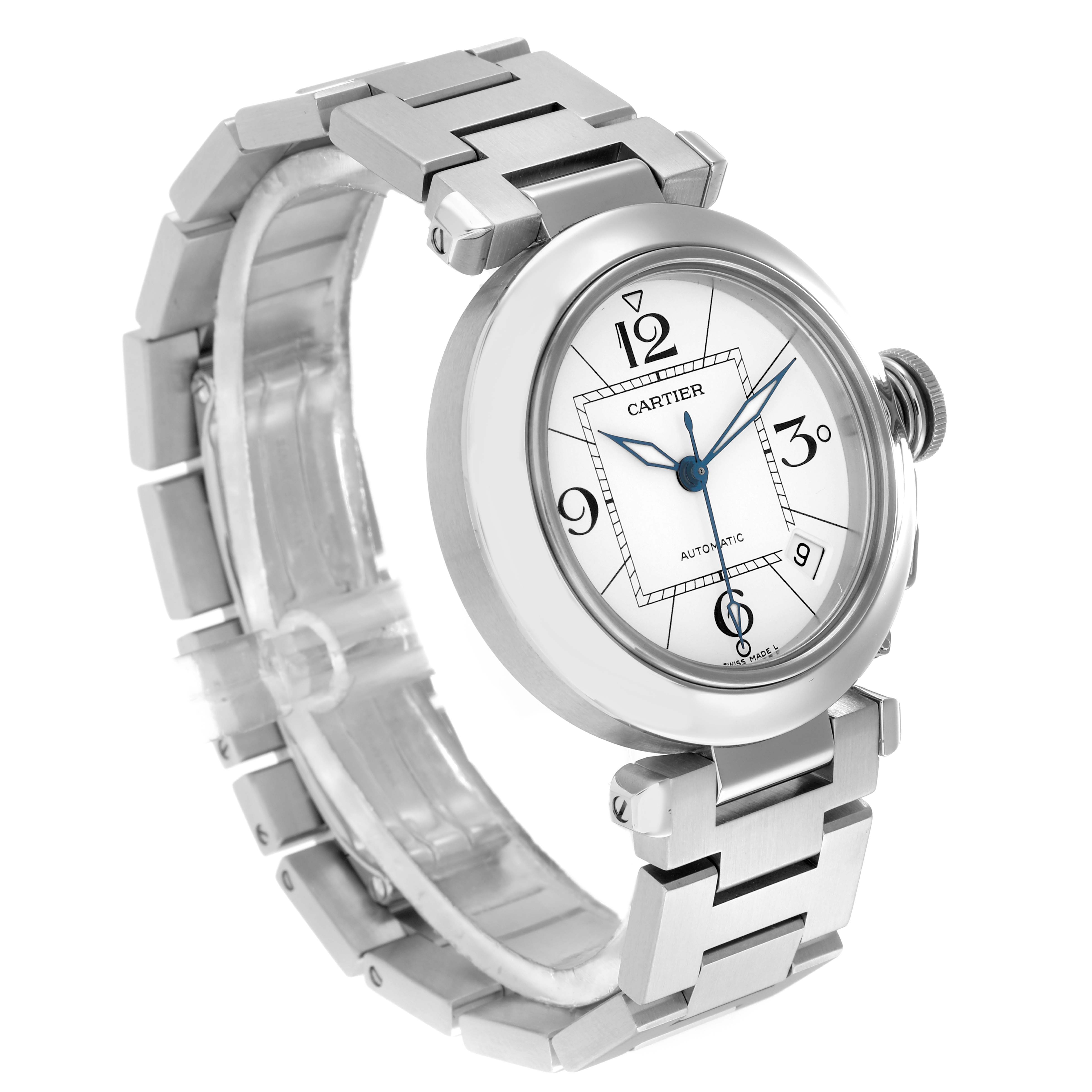 The Cartier Pasha W31074M7 Men
s Stainless Steel Silver Dial watch is shown at a three-quarter angle, displaying the face, bezel, bracelet, and crown.