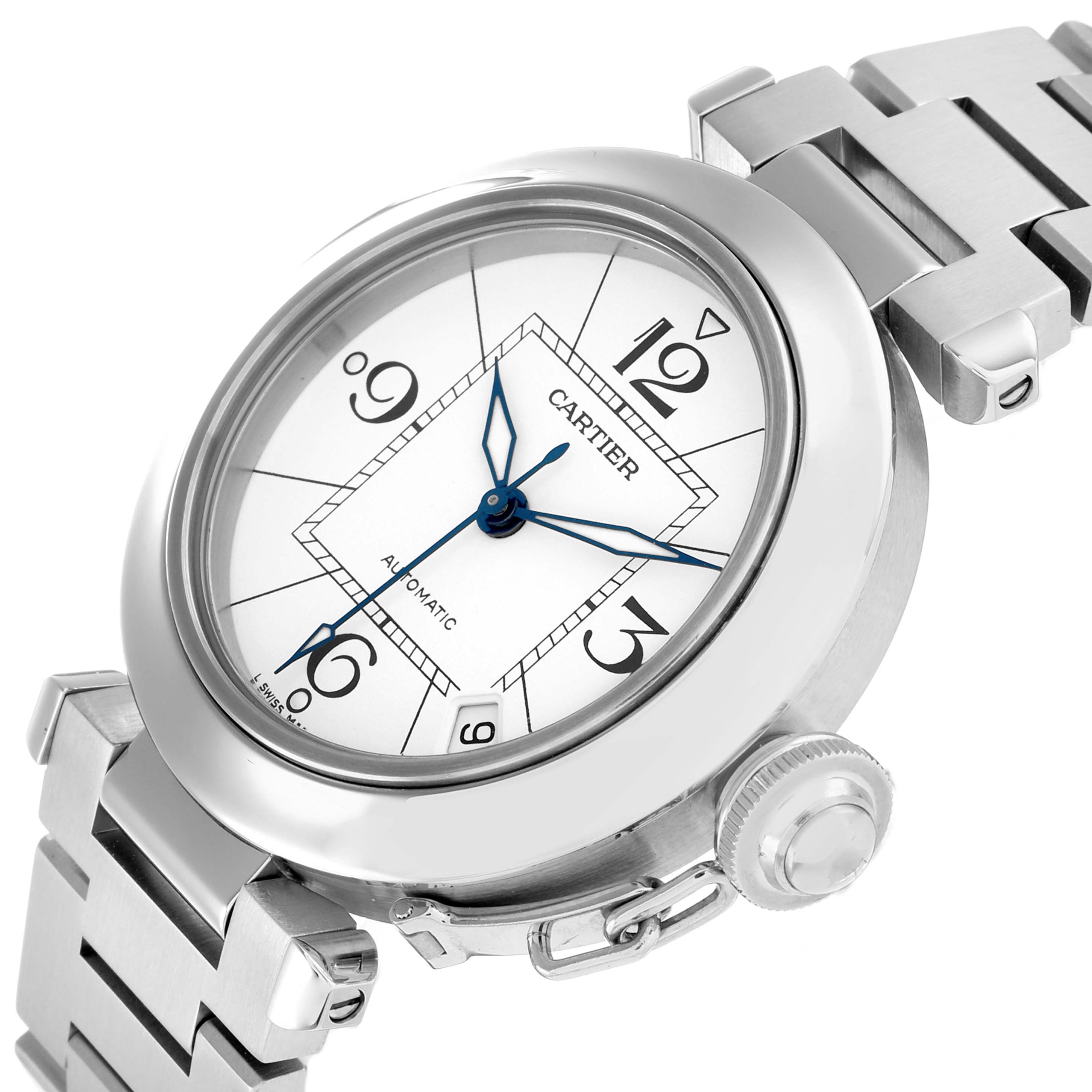 The Cartier Pasha W31074M7 Men
s Stainless Steel Silver Dial watch is shown at a slight angle, highlighting the face, bezel, and part of the bracelet and crown.