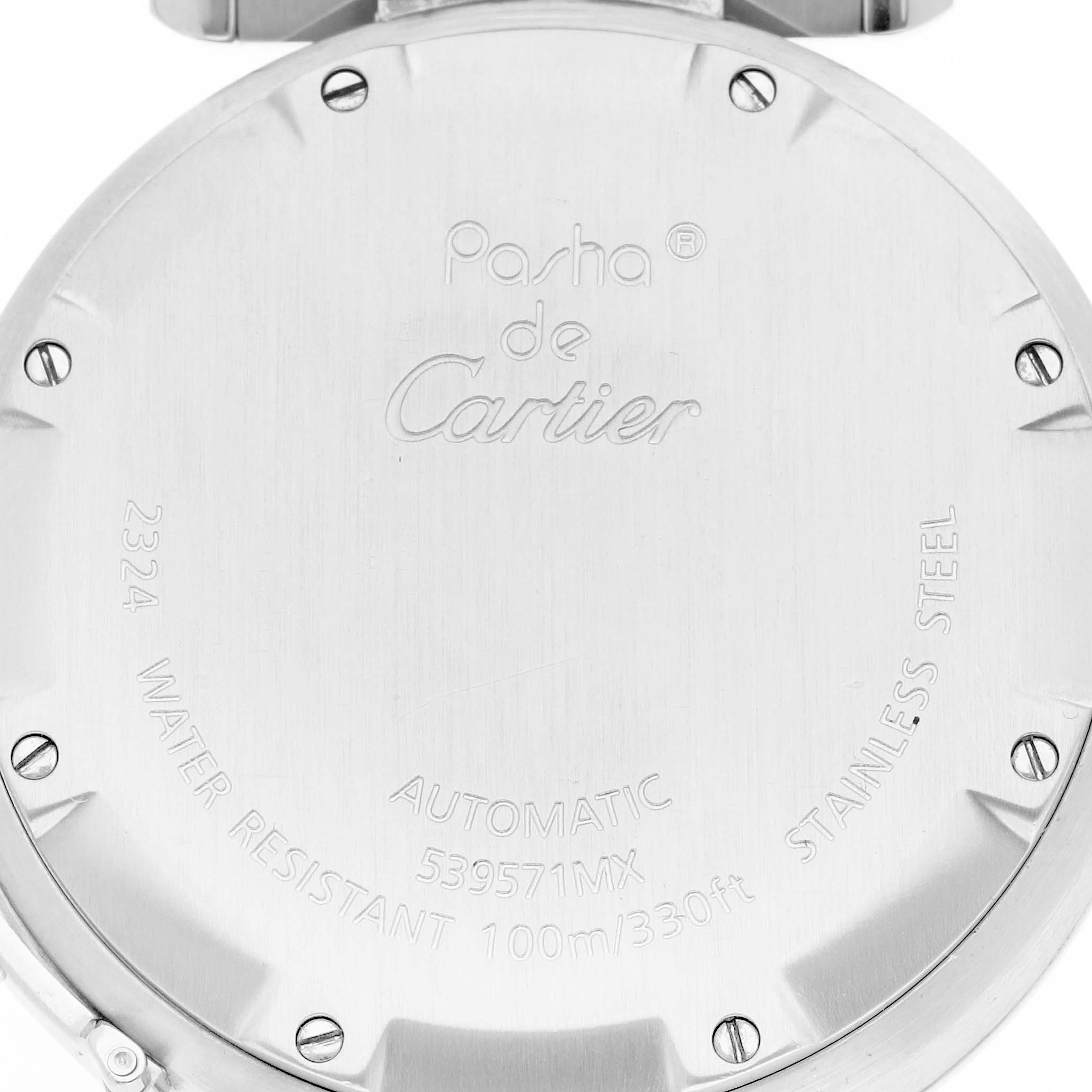 The image shows the back case of a Cartier Pasha W31074M7 Men
s Stainless Steel Silver Dial watch, displaying engravings and four screws.
