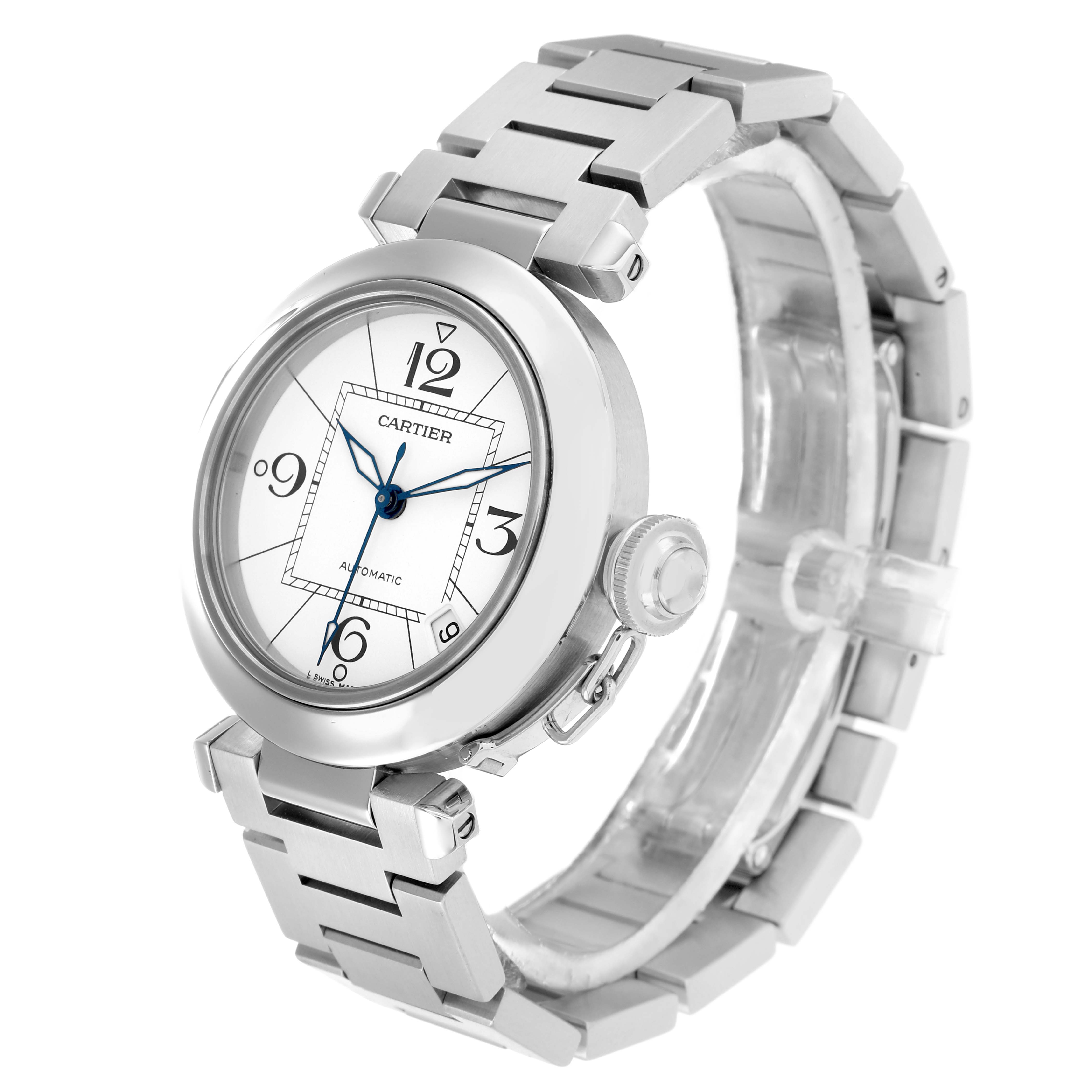 The Cartier Pasha W31074M7 Men
s Stainless Steel Silver Dial watch is shown at a three-quarter angle, displaying the face, crown, and bracelet.