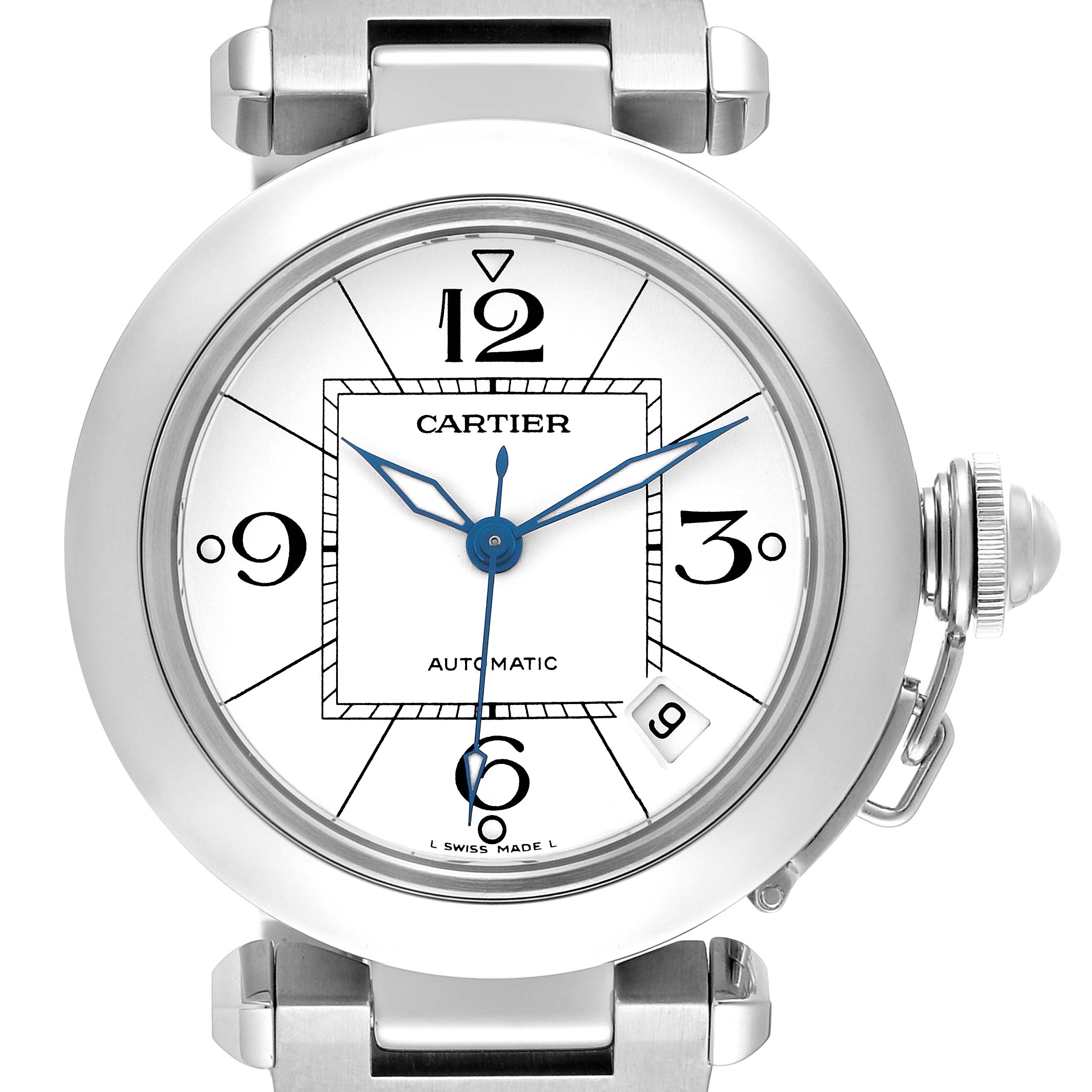 The Pasha de Cartier watch is shown from the front, highlighting the dial, hands, crown, and part of the bracelet.