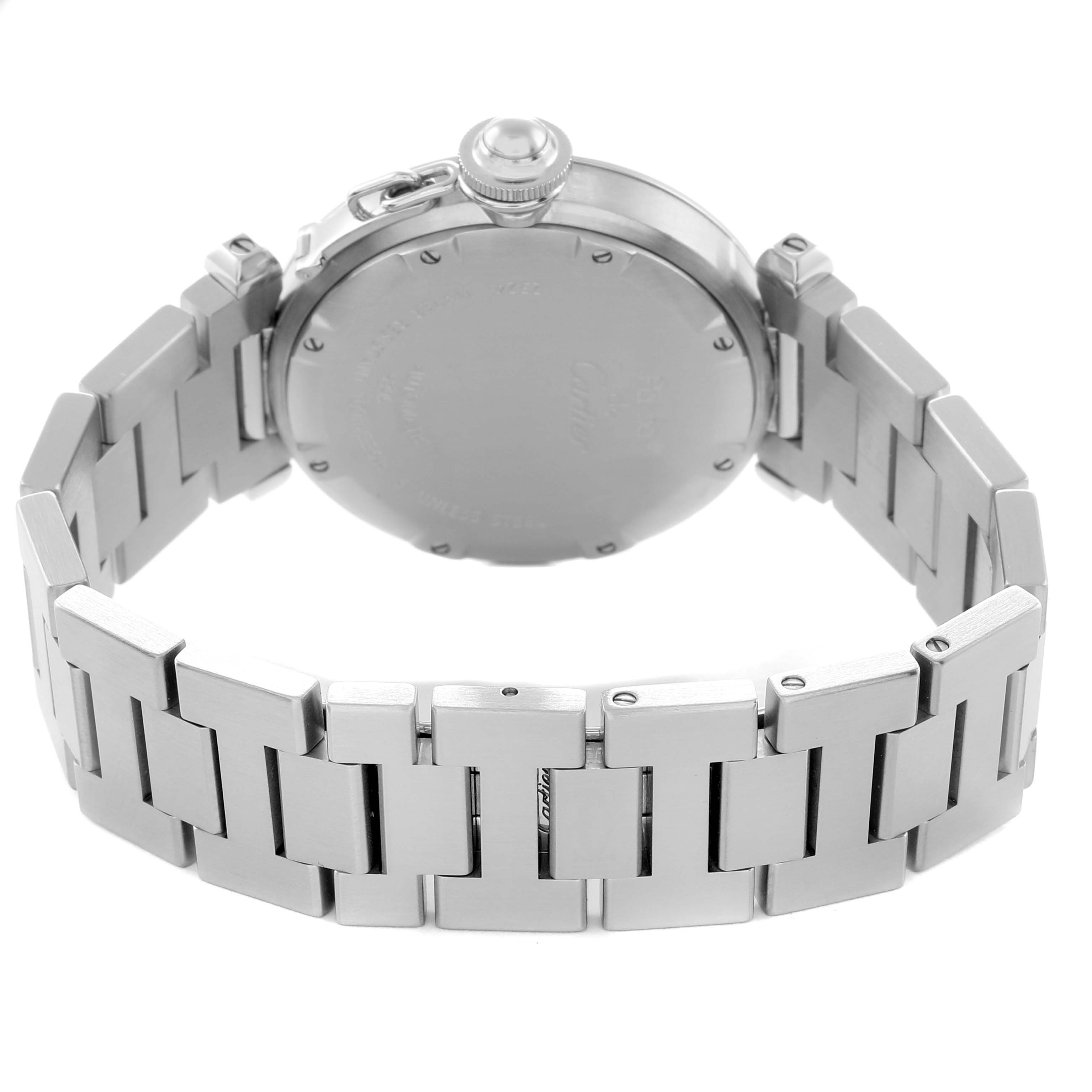 The image shows the back view of a Cartier Pasha W31074M7 Men
s Stainless Steel Silver Dial watch, highlighting the case back and stainless steel bracelet.