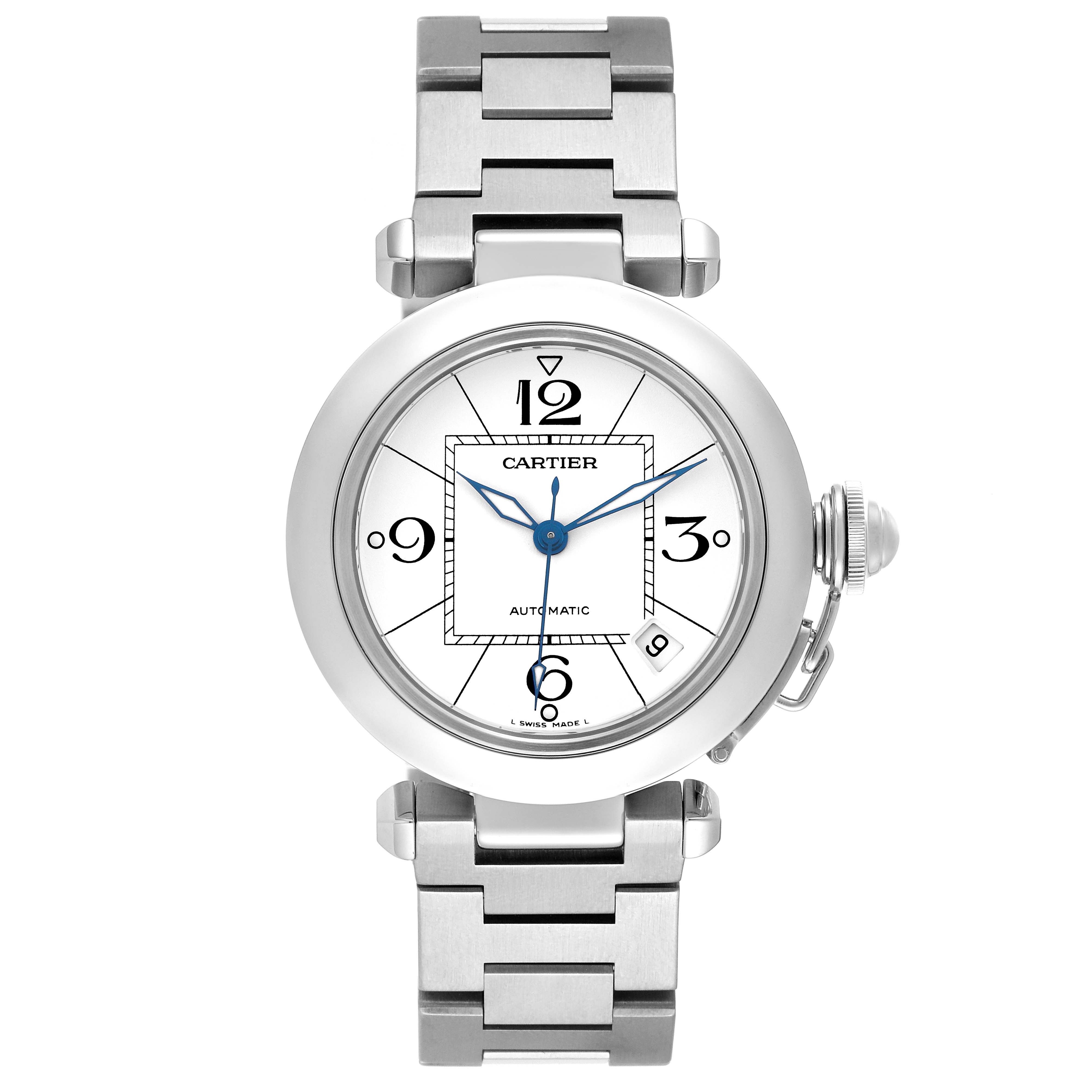 The Cartier Pasha W31074M7 Men
s Stainless Steel Silver Dial watch is shown from the front, highlighting its round dial, numerals, blue hands, and metal bracelet.