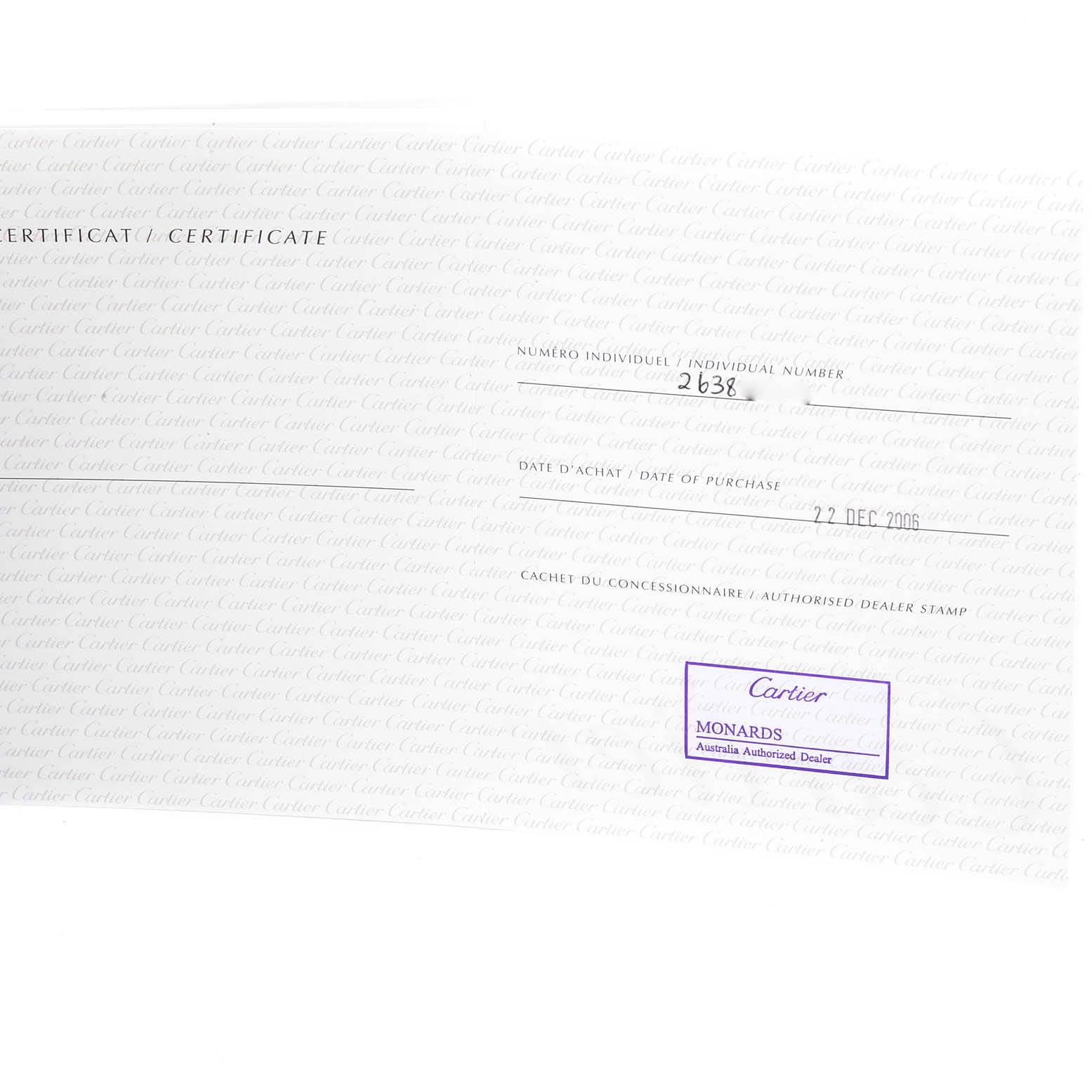 This is a certificate of Best Quality
ity for the Cartier Roadster W62019X6 Men
s Stainless Steel Silver Dial W62019X6 Men
s Stainless Steel Silver Dial model, showing the date of purchase and dealer
s stamp.