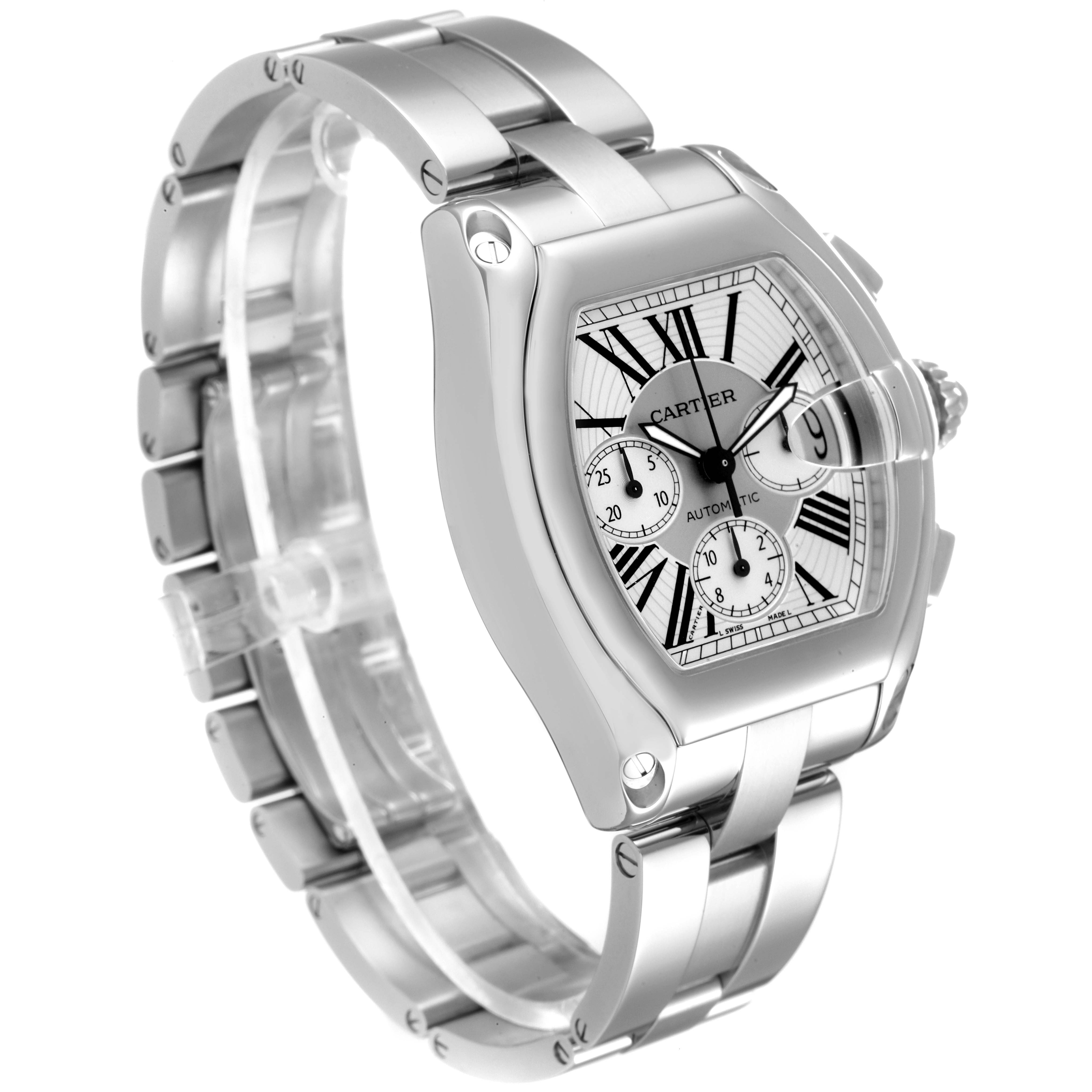 The Cartier Roadster W62019X6 Men
s Stainless Steel Silver Dial W62019X6 Men
s Stainless Steel Silver Dial watch is shown at a three-quarter angle, displaying its face, bezel, and metal bracelet.