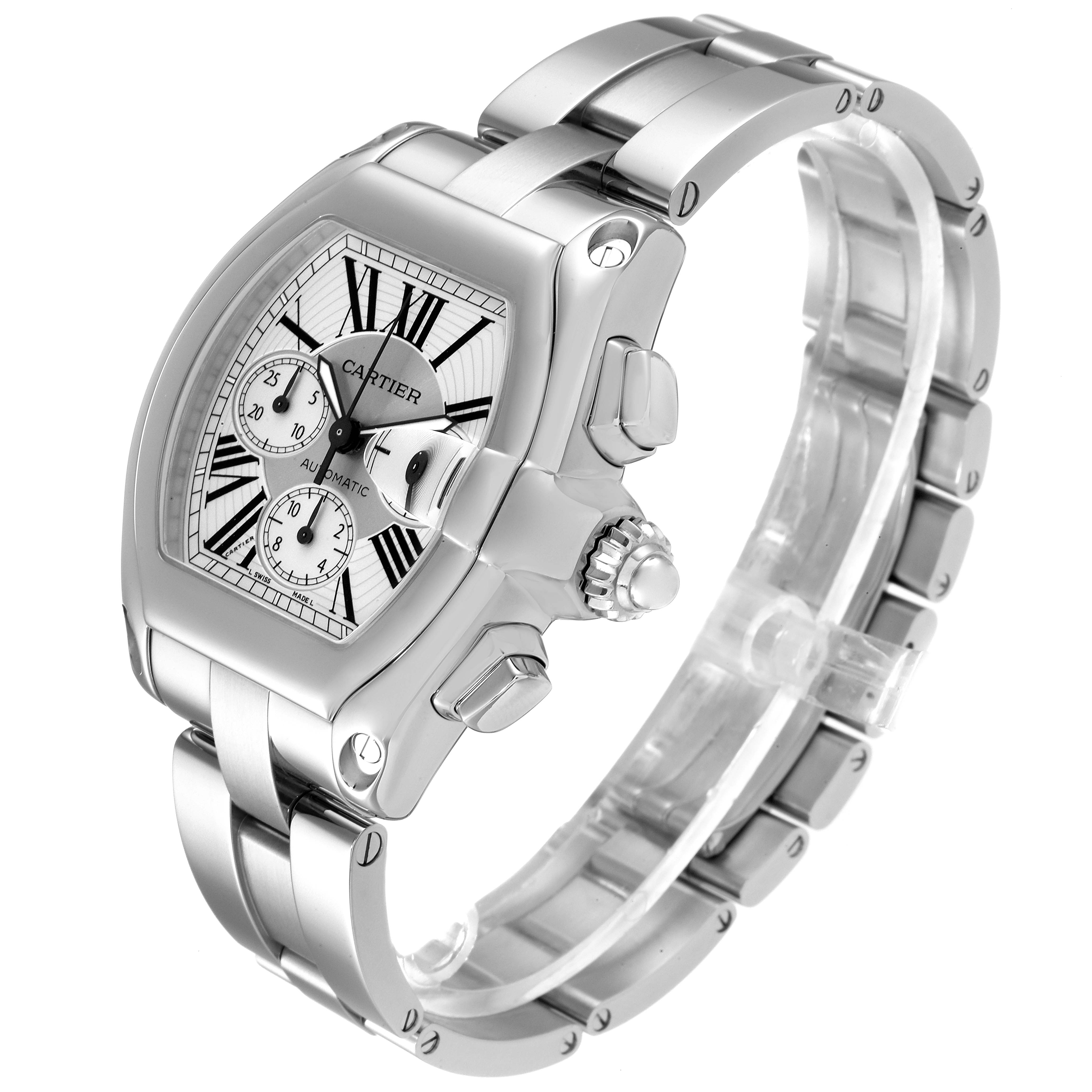 The Cartier Roadster W62019X6 Men
s Stainless Steel Silver Dial W62019X6 Men
s Stainless Steel Silver Dial watch is shown from a side-angle, displaying its face, crown, and stainless steel bracelet.