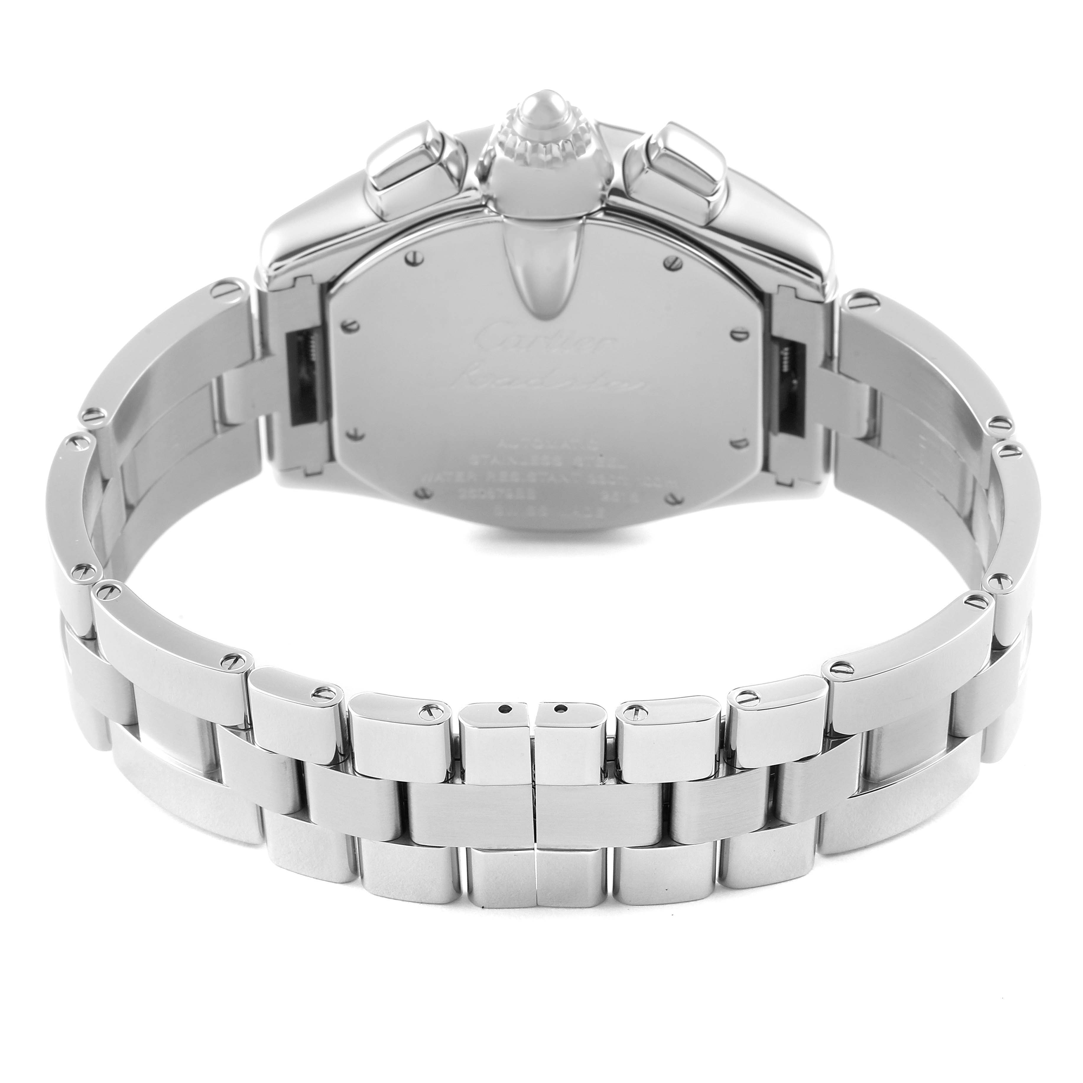 This image shows the rear view of the Cartier Roadster W62019X6 Men
s Stainless Steel Silver Dial W62019X6 Men
s Stainless Steel Silver Dial model watch, focusing on its case back and bracelet.
