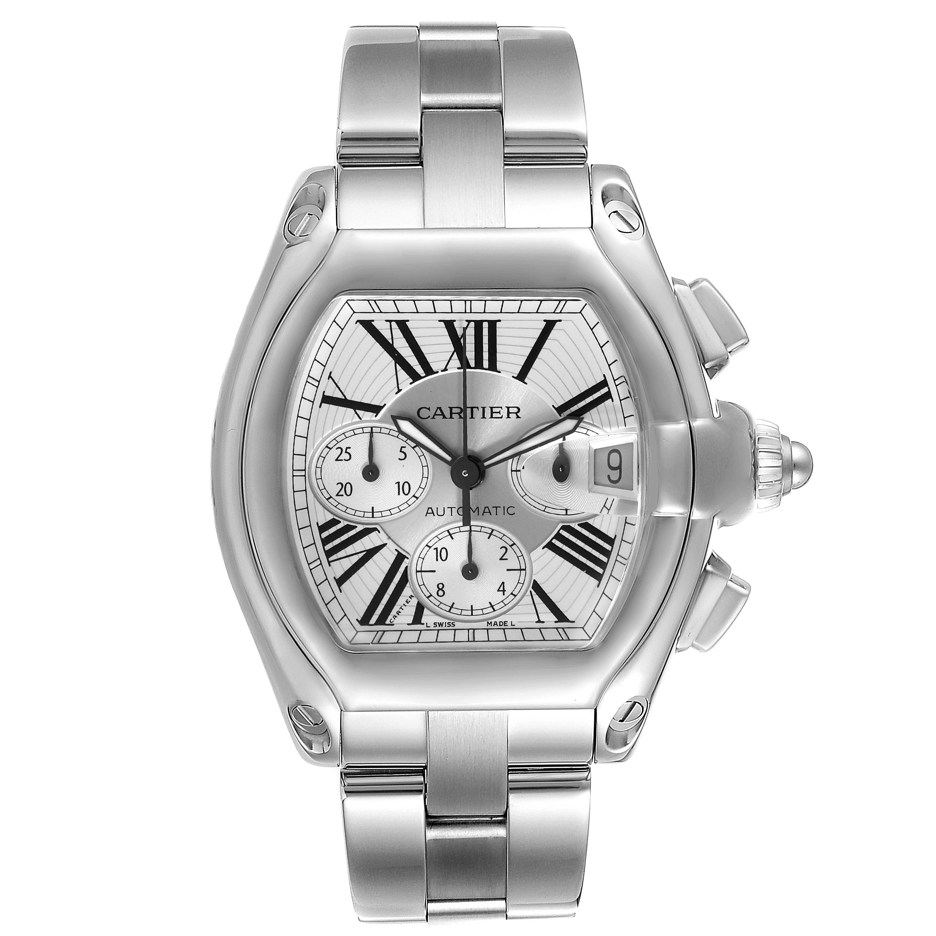 The image shows a Cartier Roadster W62019X6 Men
s Stainless Steel Silver Dial W62019X6 Men
s Stainless Steel Silver Dial watch from a front angle, highlighting its dial, bracelet, and crown.