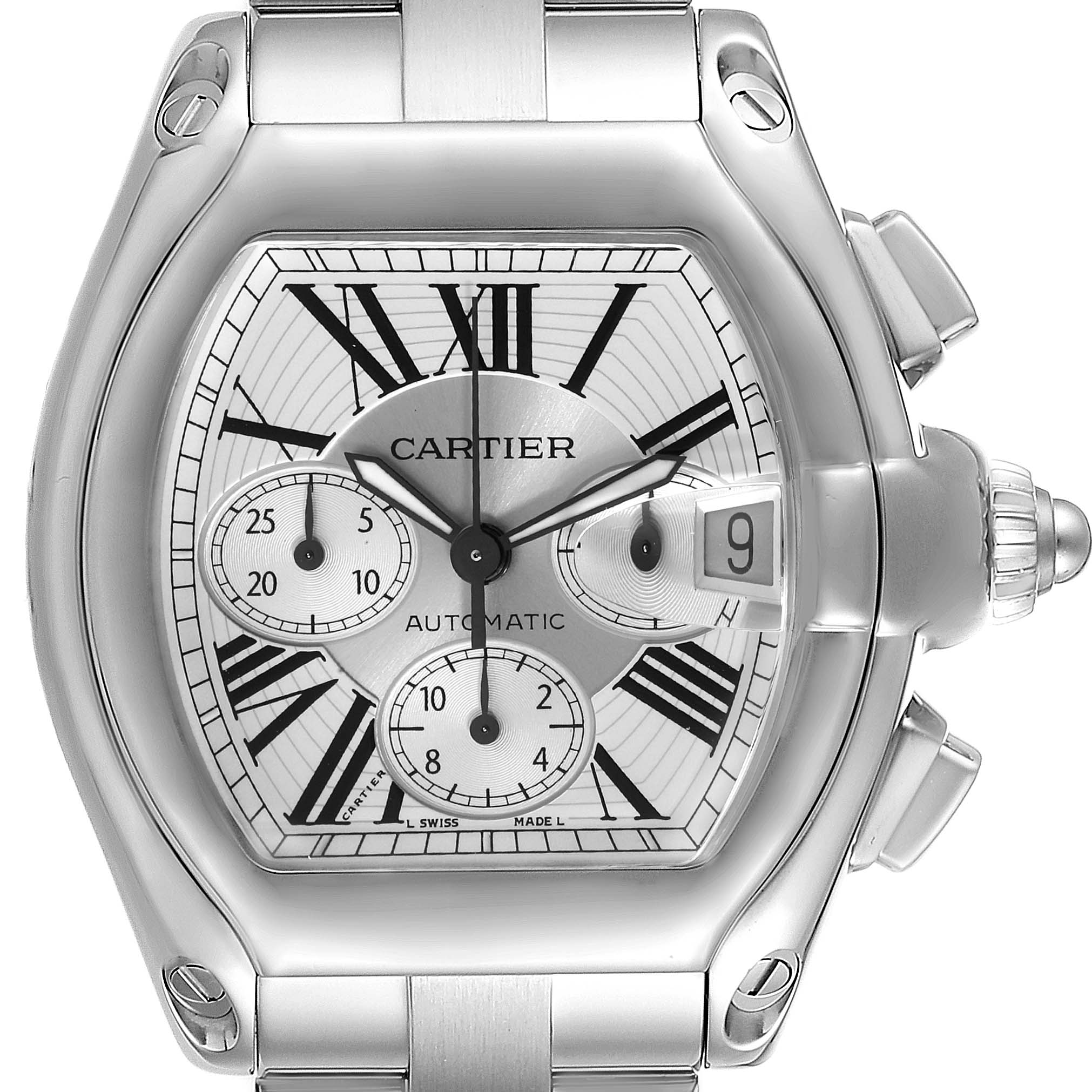 The image shows a close-up of the Cartier Roadster W62019X6 Men
s Stainless Steel Silver Dial W62019X6 Men
s Stainless Steel Silver Dial watch face, highlighting its chronograph dials and date display.