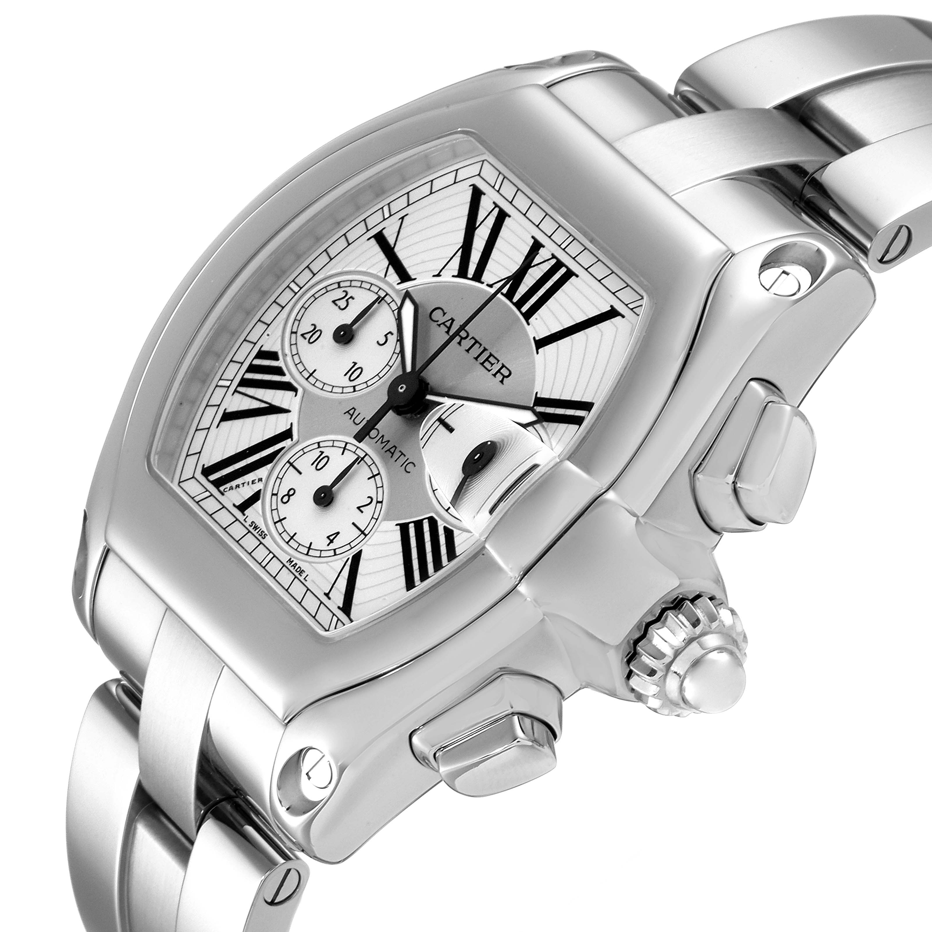 The Cartier Roadster W62019X6 Men
s Stainless Steel Silver Dial W62019X6 Men
s Stainless Steel Silver Dial watch is shown at an angled close-up, featuring its case, dial, crown, and partial bracelet.
