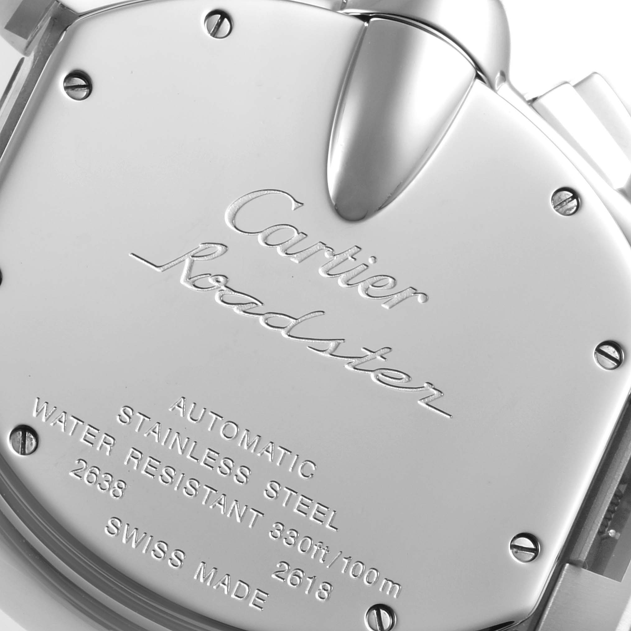 The image shows the back case of a Cartier Roadster W62019X6 Men
s Stainless Steel Silver Dial W62019X6 Men
s Stainless Steel Silver Dial watch, highlighting the engraved details.