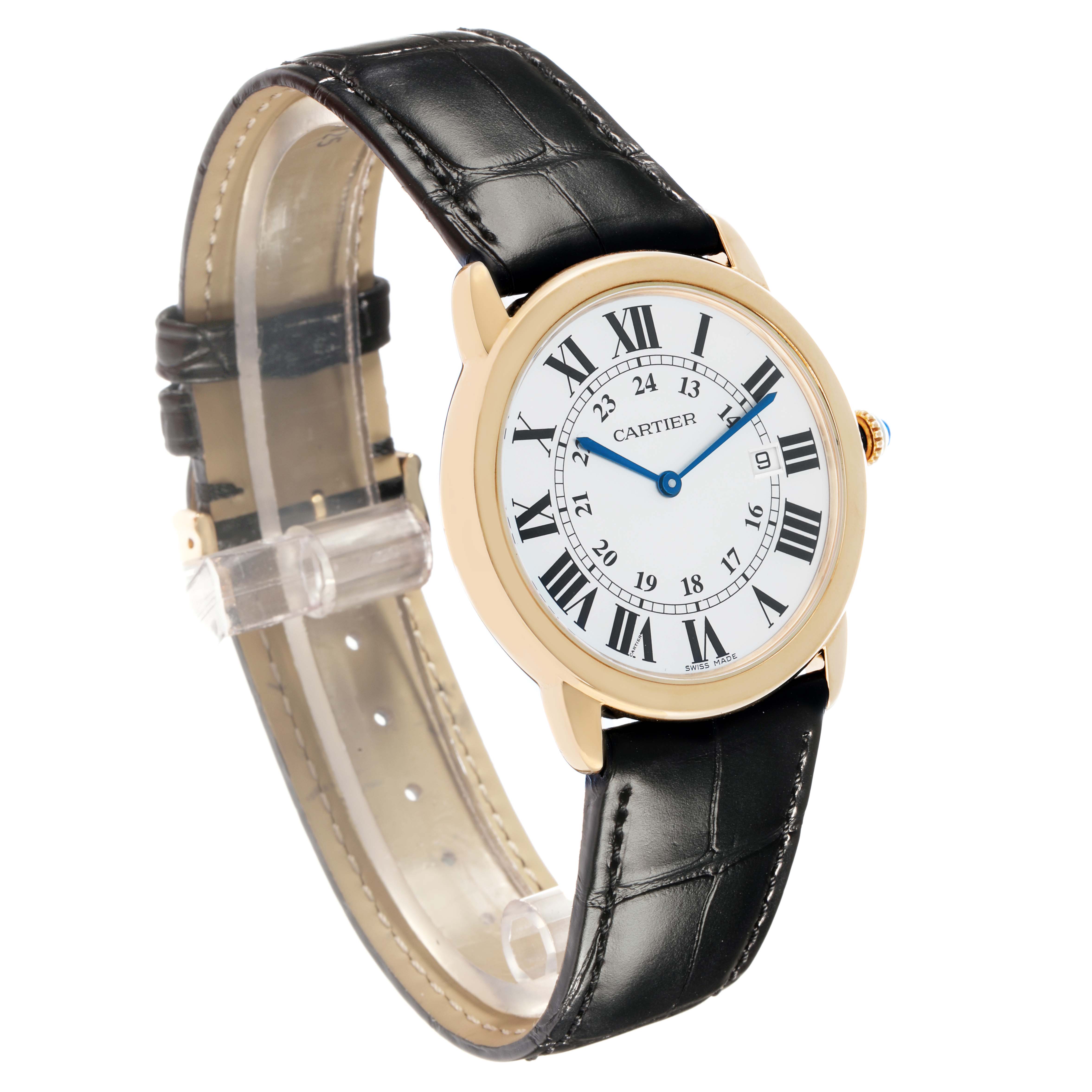 The Cartier Ronde W6700455 Men
s Steel and Gold (two tone) Silver Dial watch is shown at a three-quarter angle, highlighting the face with Roman numerals, blue hands, and a black leather strap.