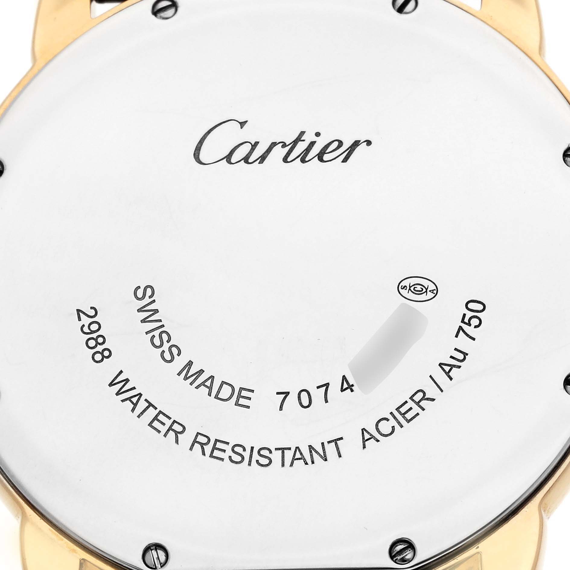 The image shows the back of a Cartier Ronde W6700455 Men
s Steel and Gold (two tone) Silver Dial watch displaying the brand, model details, and material information.