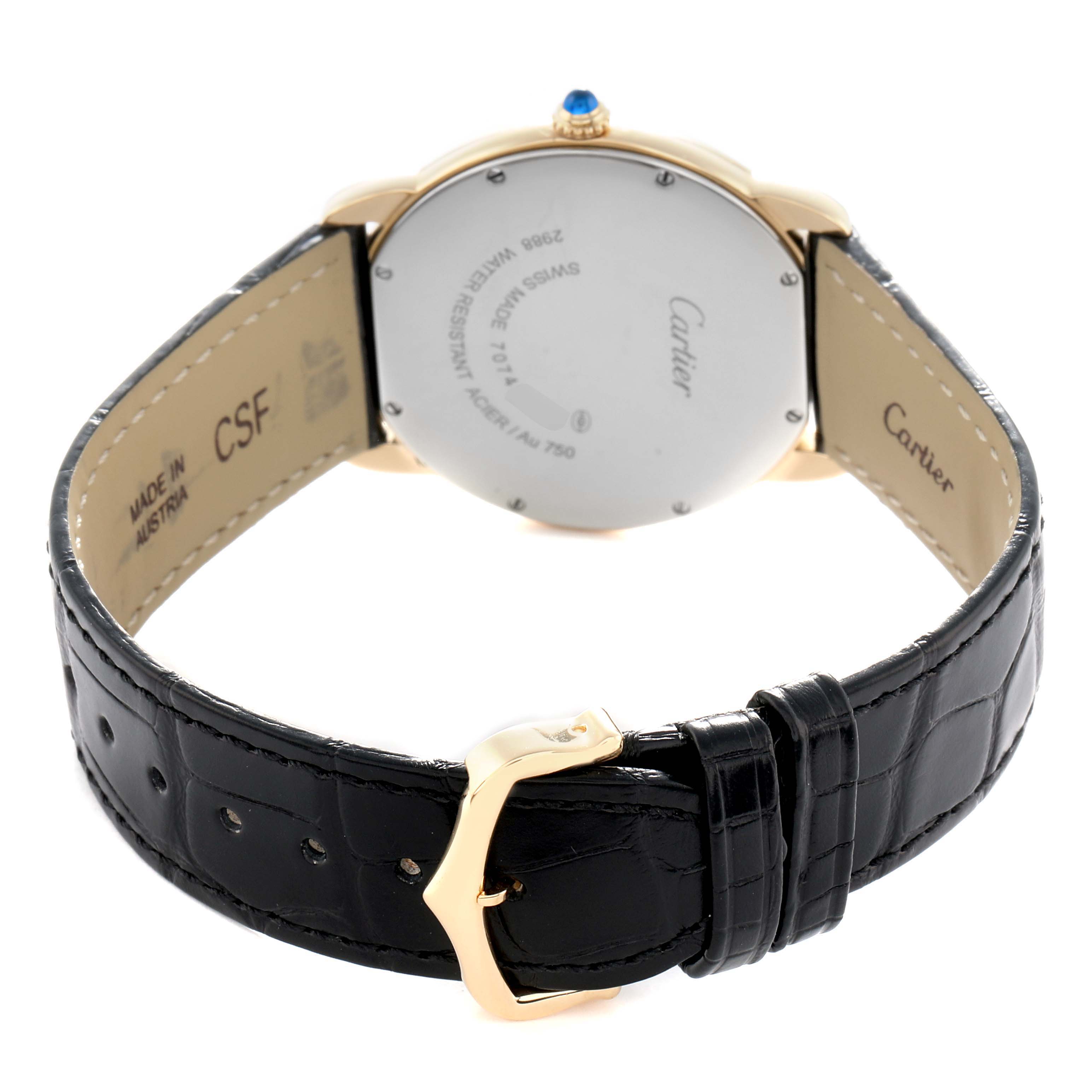 The image shows the back view of a Cartier Ronde W6700455 Men
s Steel and Gold (two tone) Silver Dial watch, highlighting the case back, leather strap, and buckle.