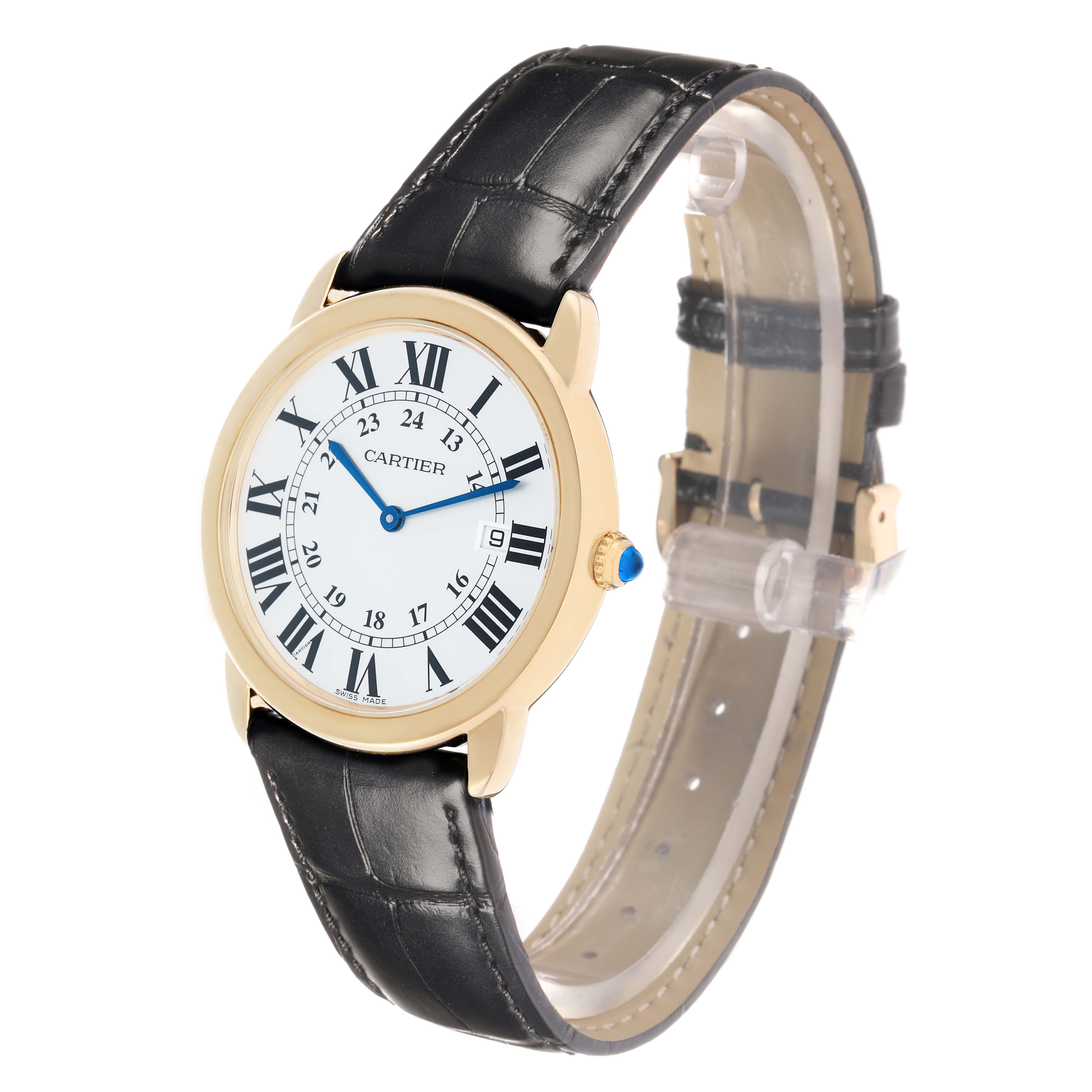 The Cartier Ronde W6700455 Men
s Steel and Gold (two tone) Silver Dial watch is shown at a three-quarter angle, displaying the face, black leather strap, and gold casing.