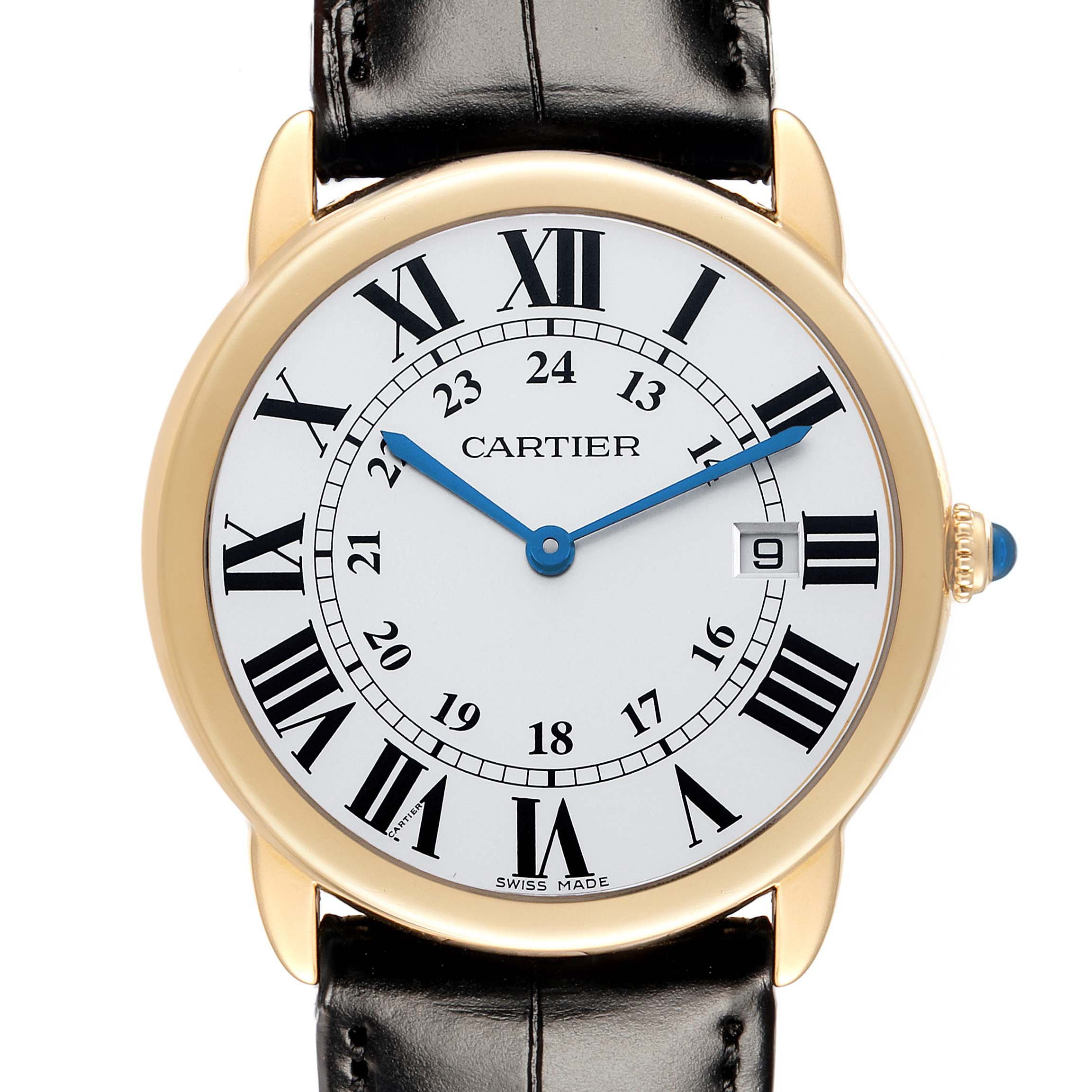 The Cartier Ronde W6700455 Men
s Steel and Gold (two tone) Silver Dial model is shown from a front angle, featuring its dial, Roman numerals, blue hands, and a date window.