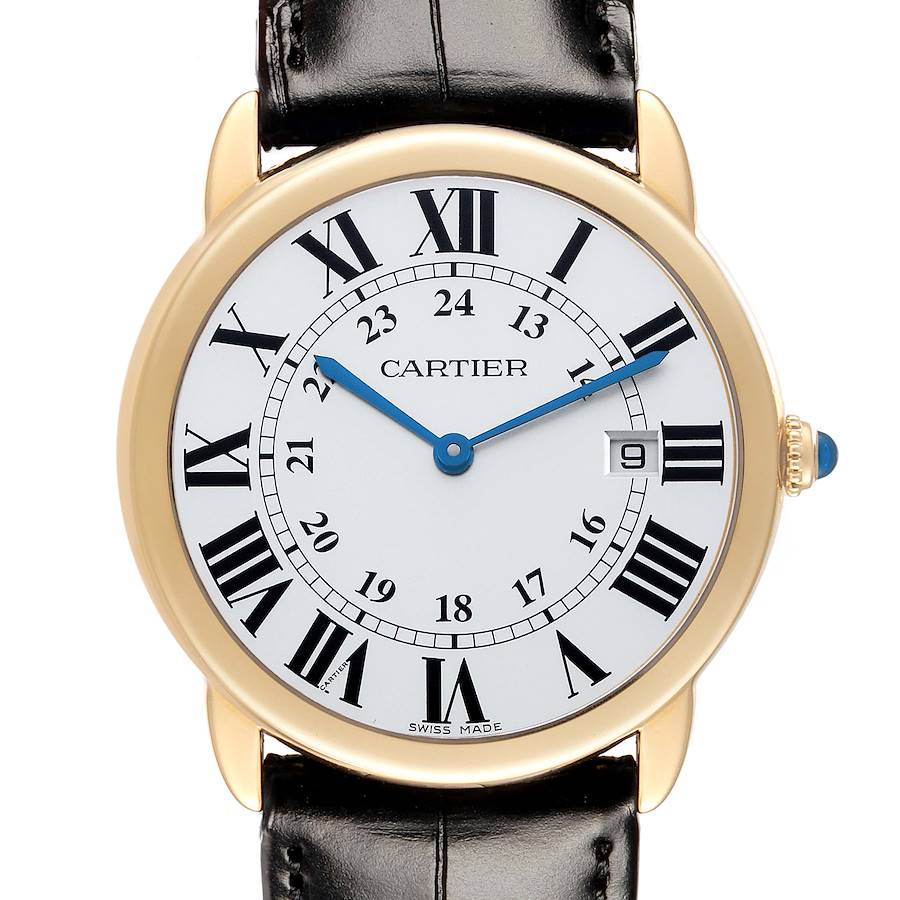 The Cartier Ronde W6700455 Men's Steel and Gold (two tone) Silver Dial model is shown from a front angle, featuring its dial, Roman numerals, blue hands, and a date window.