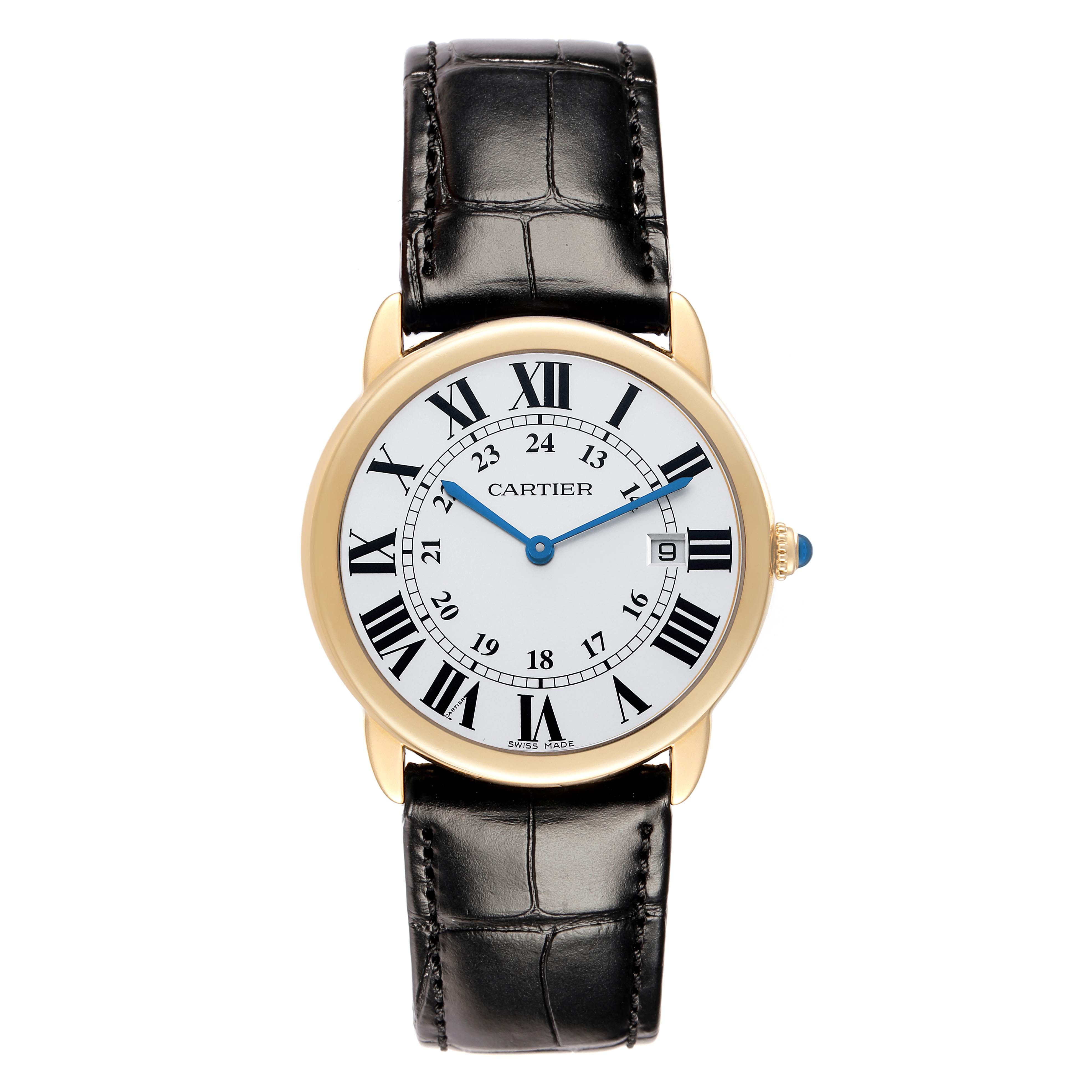 The Cartier Ronde W6700455 Men
s Steel and Gold (two tone) Silver Dial watch is shown from a top-down angle, highlighting its round face, Roman numerals, blue hands, and black leather strap.
