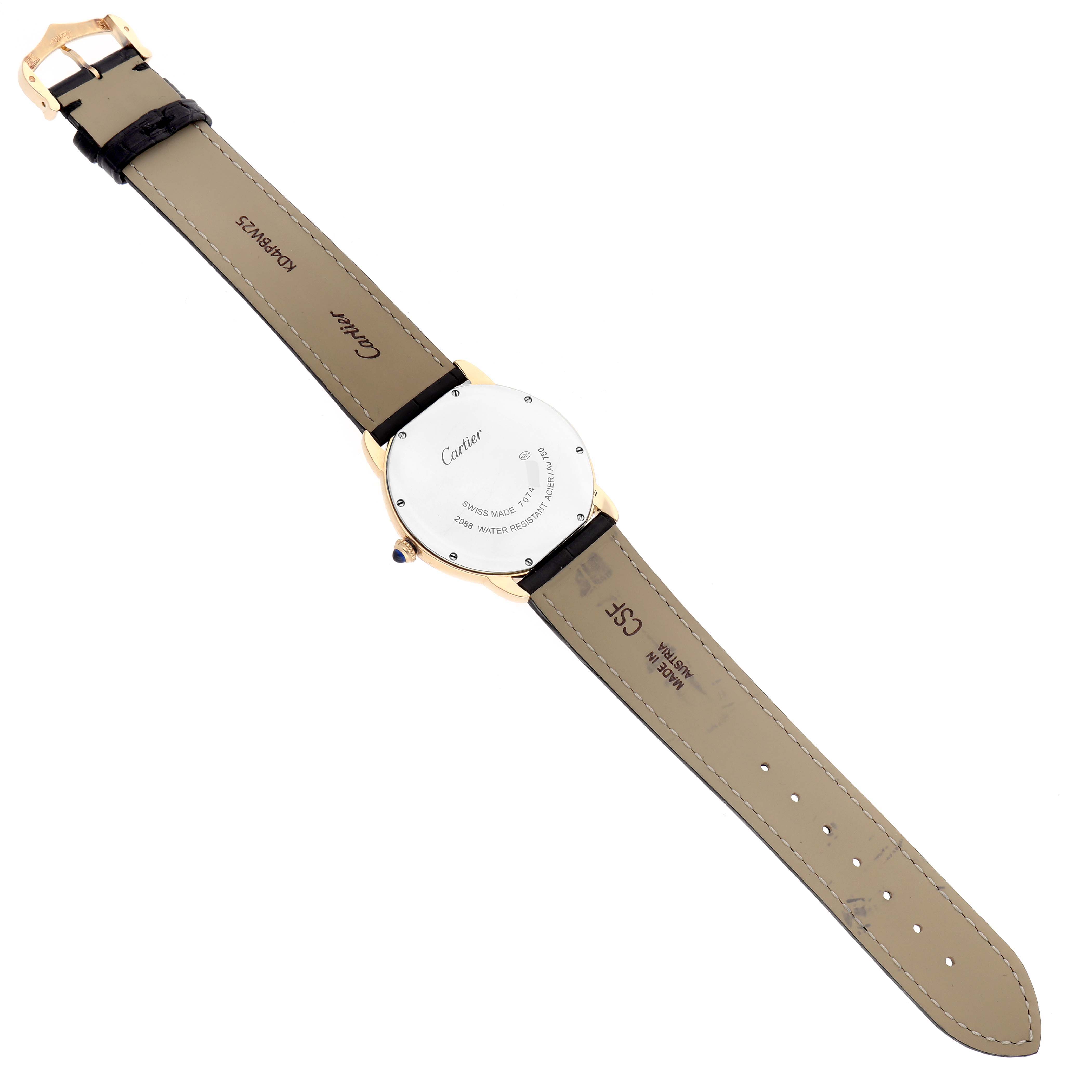 The Cartier Ronde W6700455 Men
s Steel and Gold (two tone) Silver Dial watch is shown from the back, displaying the strap, clasp, and case back with engravings.