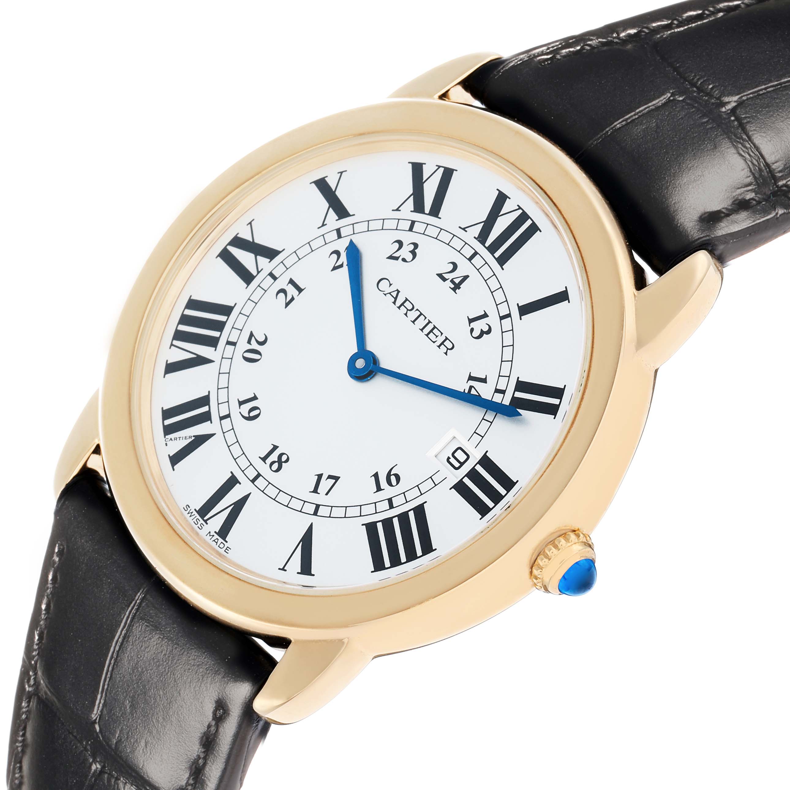 The Cartier Ronde W6700455 Men
s Steel and Gold (two tone) Silver Dial watch is shown at a slight angle, highlighting its gold case, black leather strap, and blue hands.