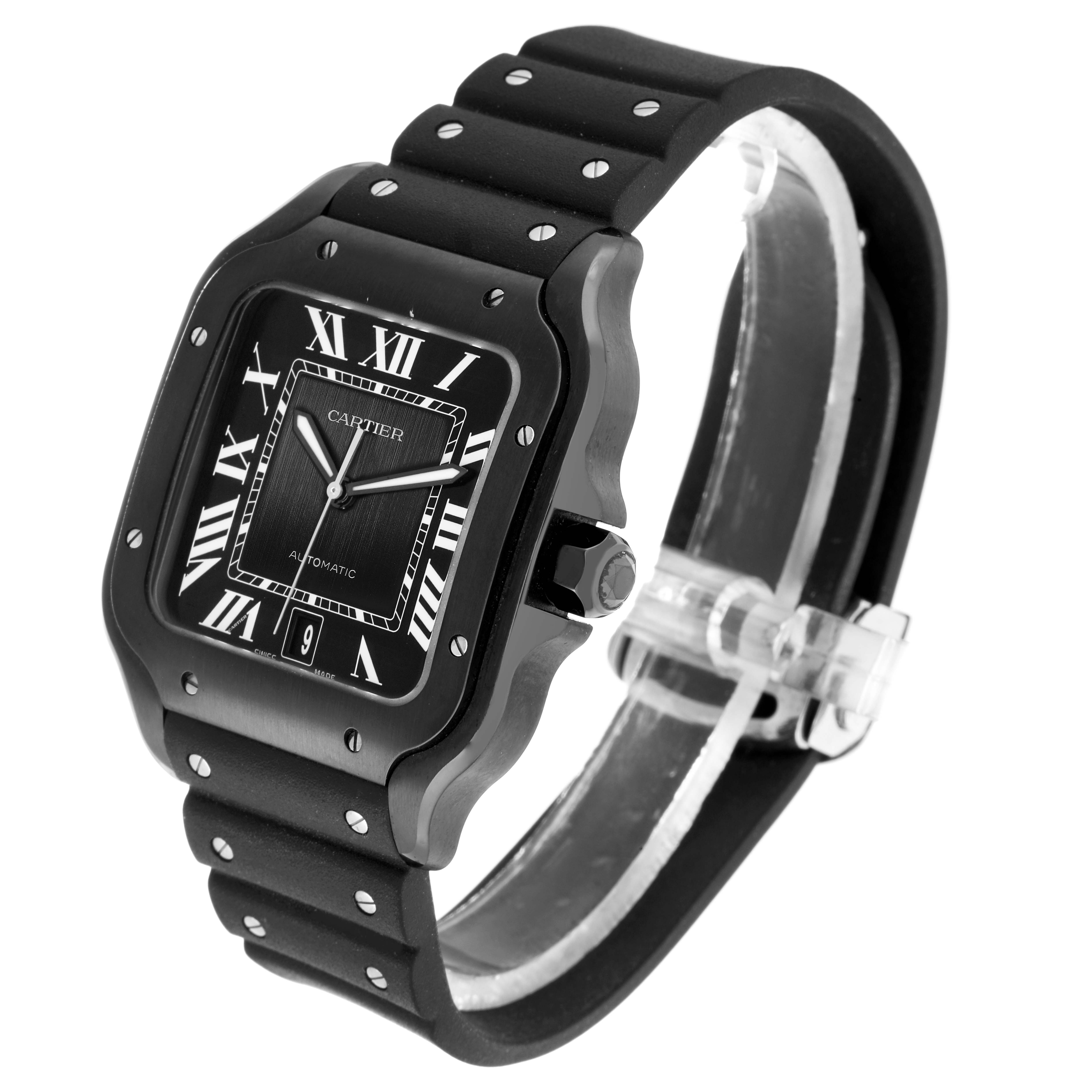 The Cartier Santos Dumont WSSA0039 Men
s Stainless Steel Black Dial watch is shown at a three-quarter angle, highlighting its black dial, Roman numerals, and black strap.