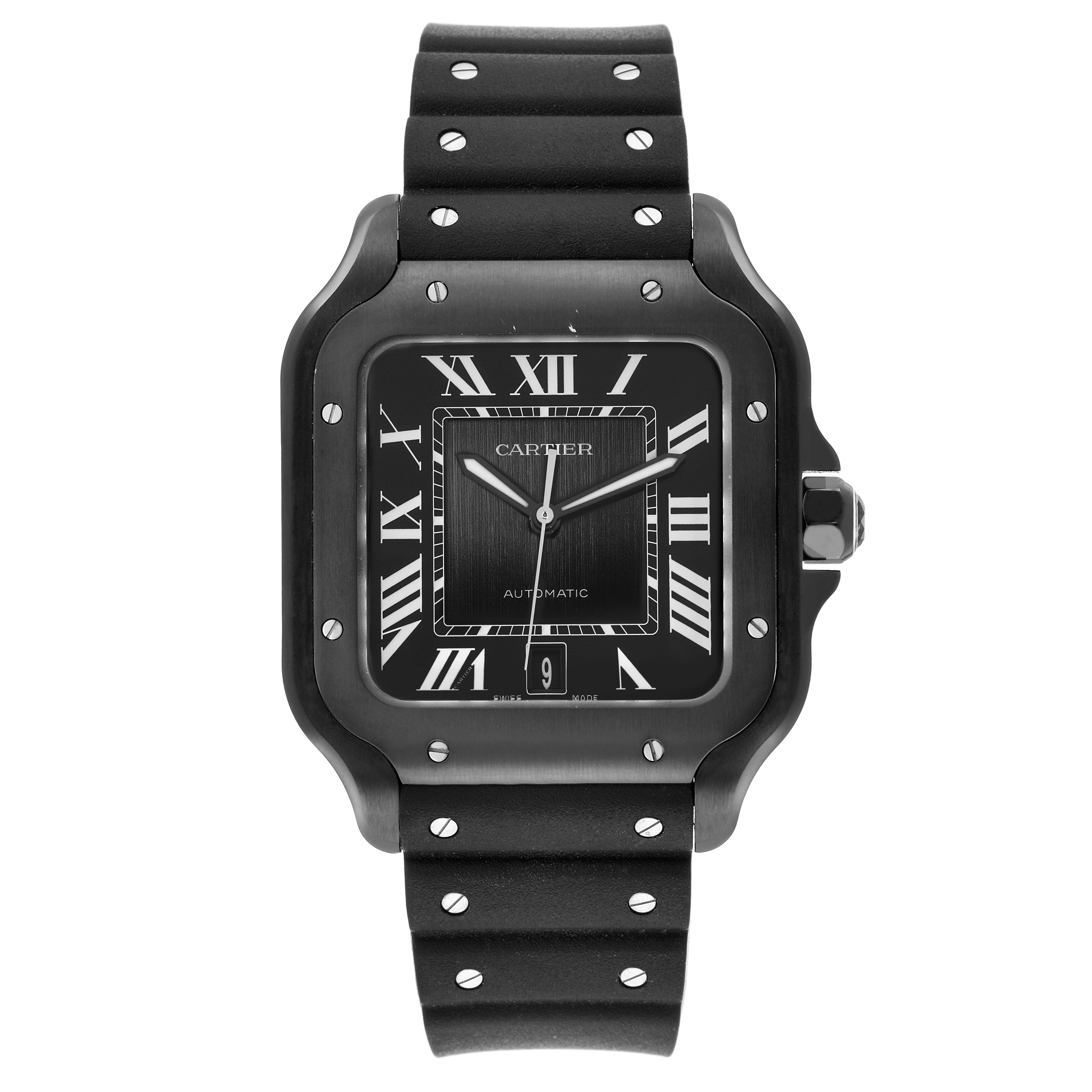 The Cartier Santos Dumont WSSA0039 Men
s Stainless Steel Black Dial watch is shown from a front angle, highlighting its square face and black strap with silver accents.