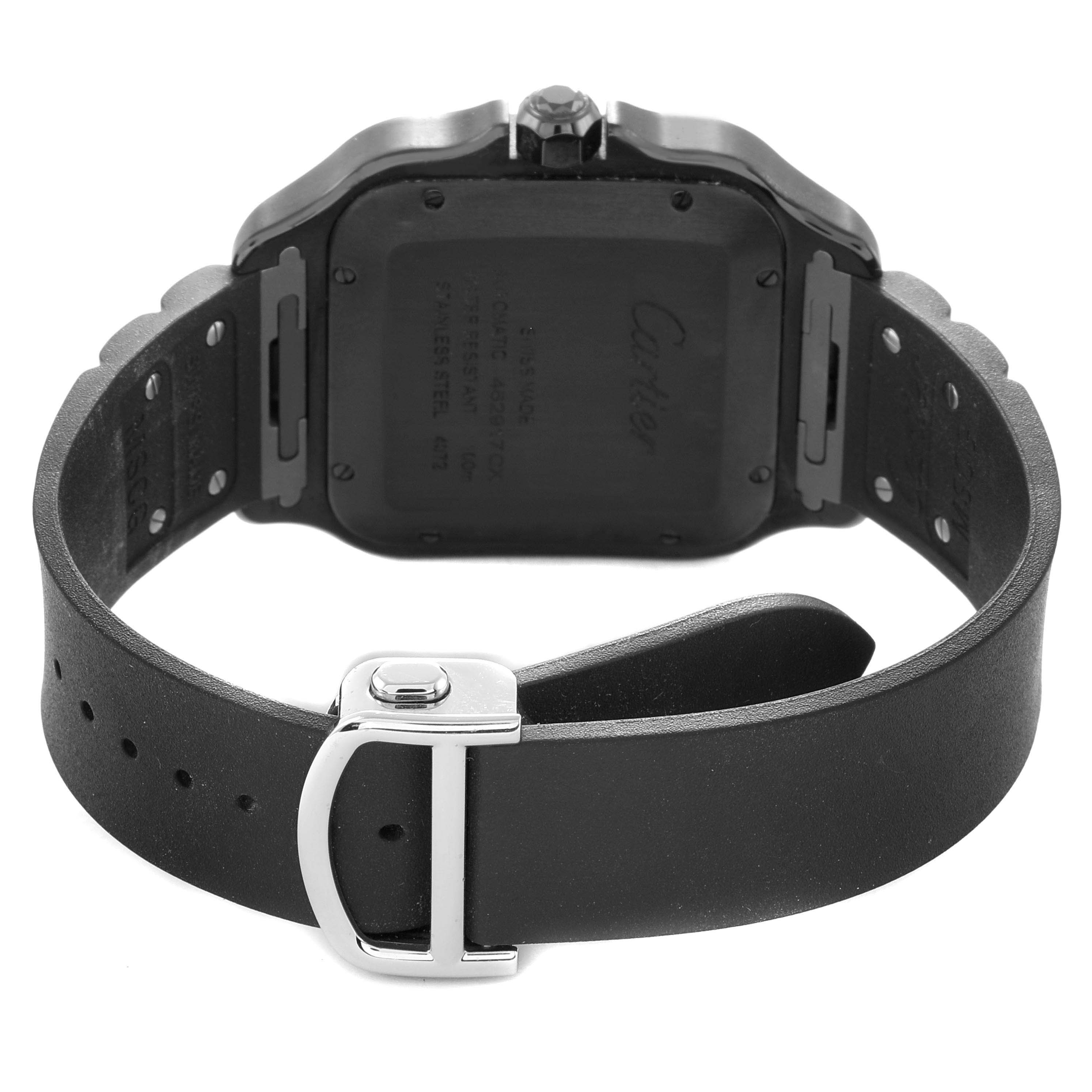 The image shows the back view of a Cartier Santos Dumont WSSA0039 Men
s Stainless Steel Black Dial watch, highlighting the case back, strap, and buckle.