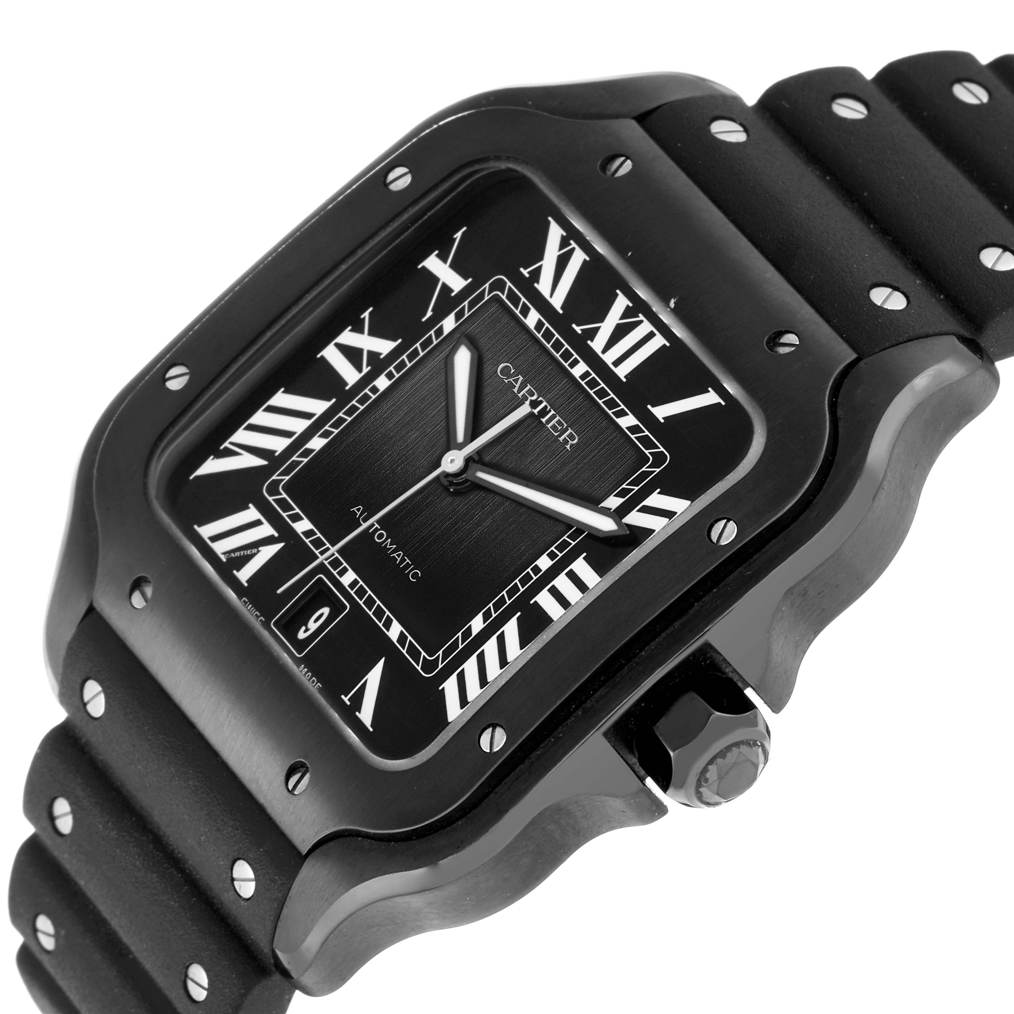 The Cartier Santos Dumont WSSA0039 Men
s Stainless Steel Black Dial watch is shown at a front-side angle, highlighting the face, bezel, and part of the strap.