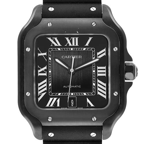 The image shows a front view of the Cartier Santos Dumont WSSA0039 Men's Stainless Steel Black Dial watch, highlighting the dial, bezel, crown, and part of the strap.
