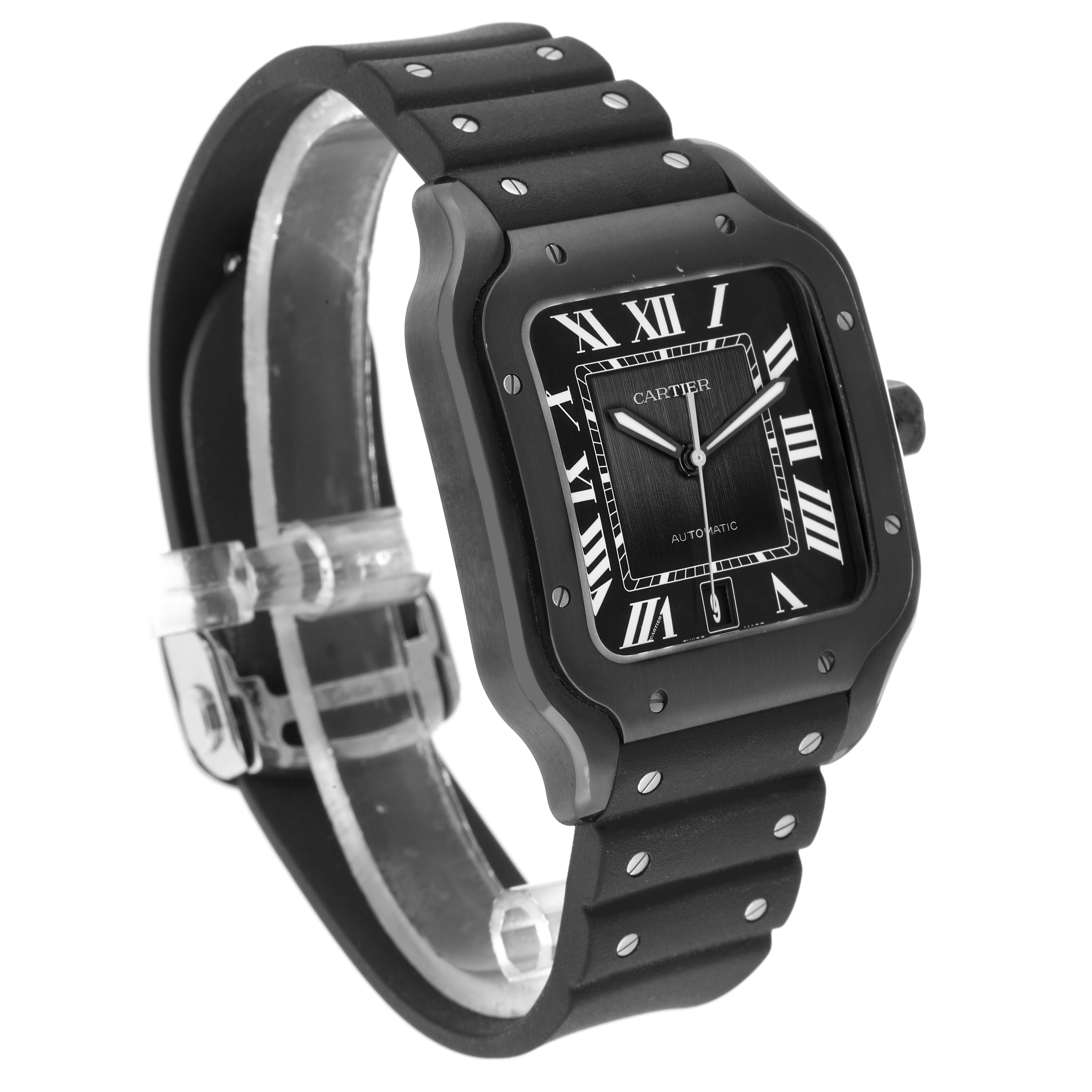 The Cartier Santos Dumont WSSA0039 Men
s Stainless Steel Black Dial watch is shown at an angled side view, highlighting its black square face and rubber strap.