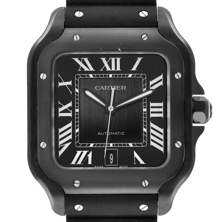 The Cartier Santos Dumont WSSA0039 Men's Stainless Steel Black Dial watch is shown from a front angle, highlighting its dial, case, and part of the strap.