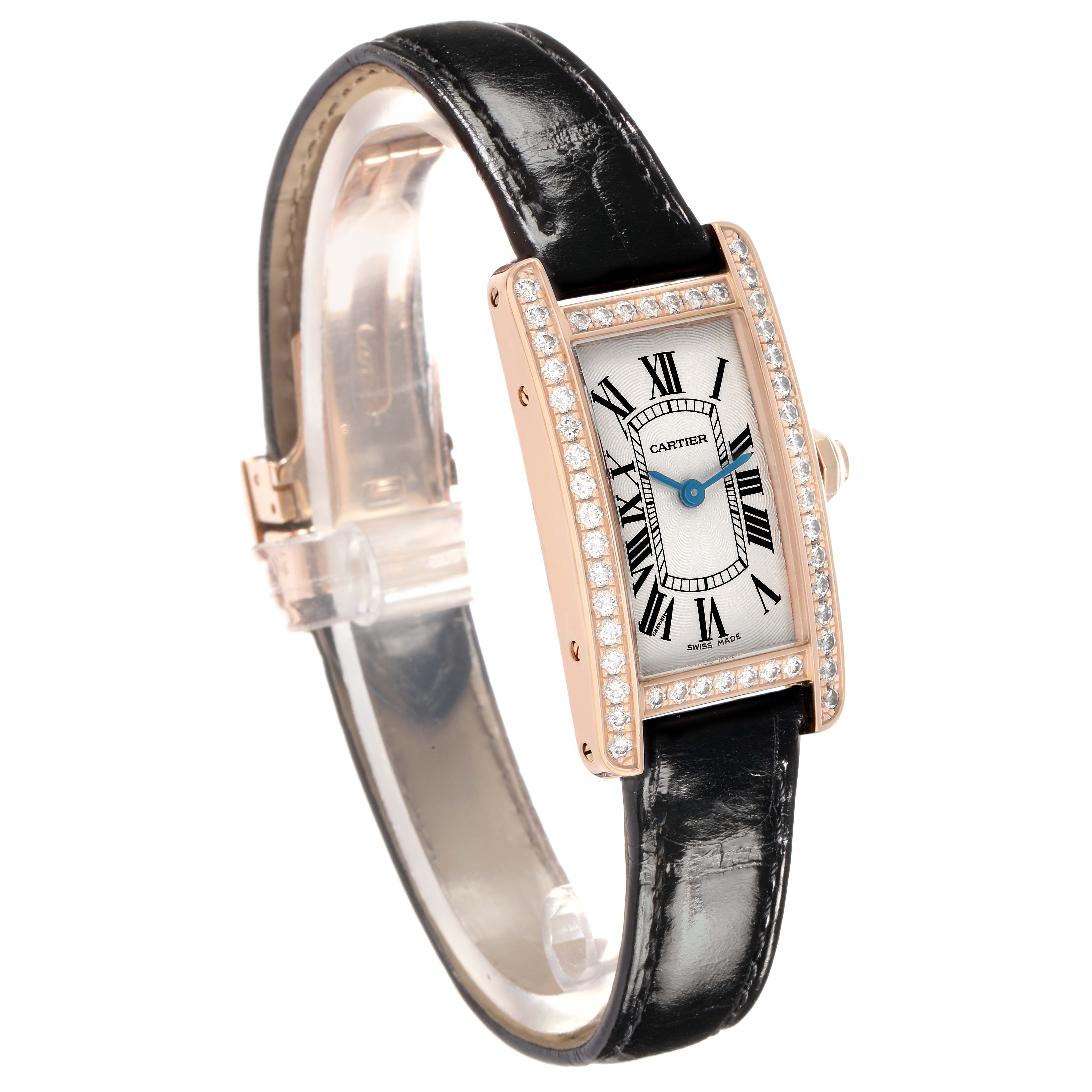 The Cartier Tank Américaine watch is shown from a front angle, highlighting the rectangular face, diamond bezel, and black leather strap.