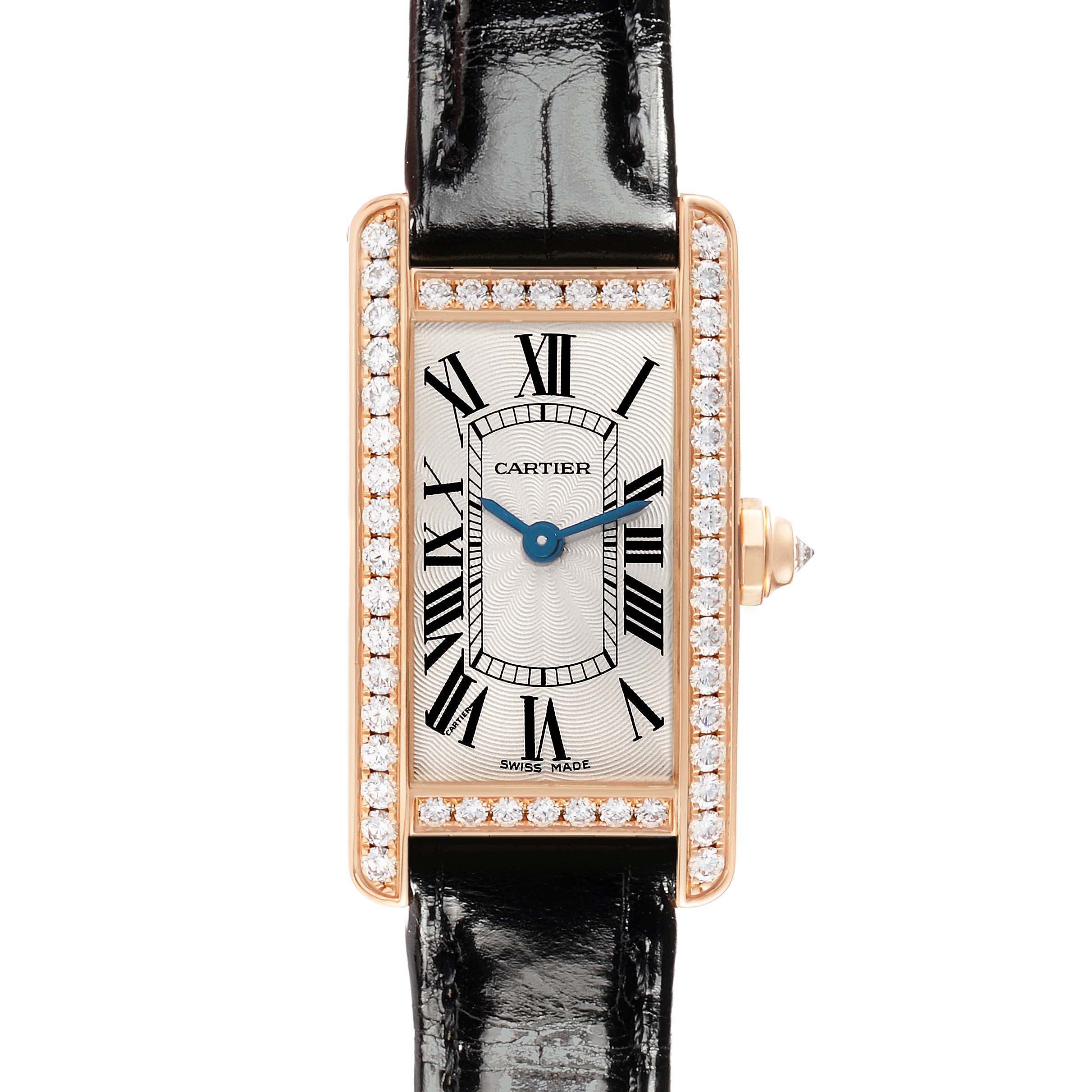 The Cartier Tank Americaine WJTA0002 Women
s Rose Gold Silver Dial watch is shown from the front, highlighting its rectangular face, Roman numerals, diamonds, and black leather strap.