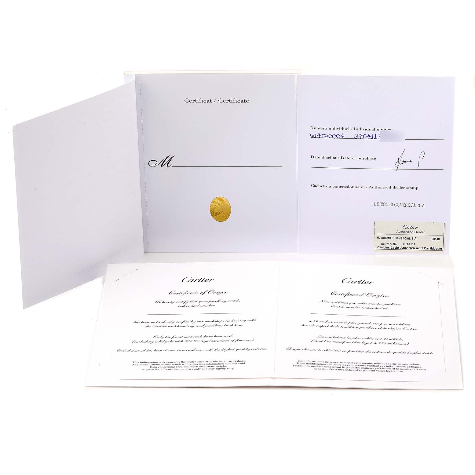 The image shows the certificates and authentication documents for the Cartier Tank Anglaise W4TA0004 Women's Stainless Steel Silver Dial W4TA0004 Women's Stainless Steel Silver Dial watch.
