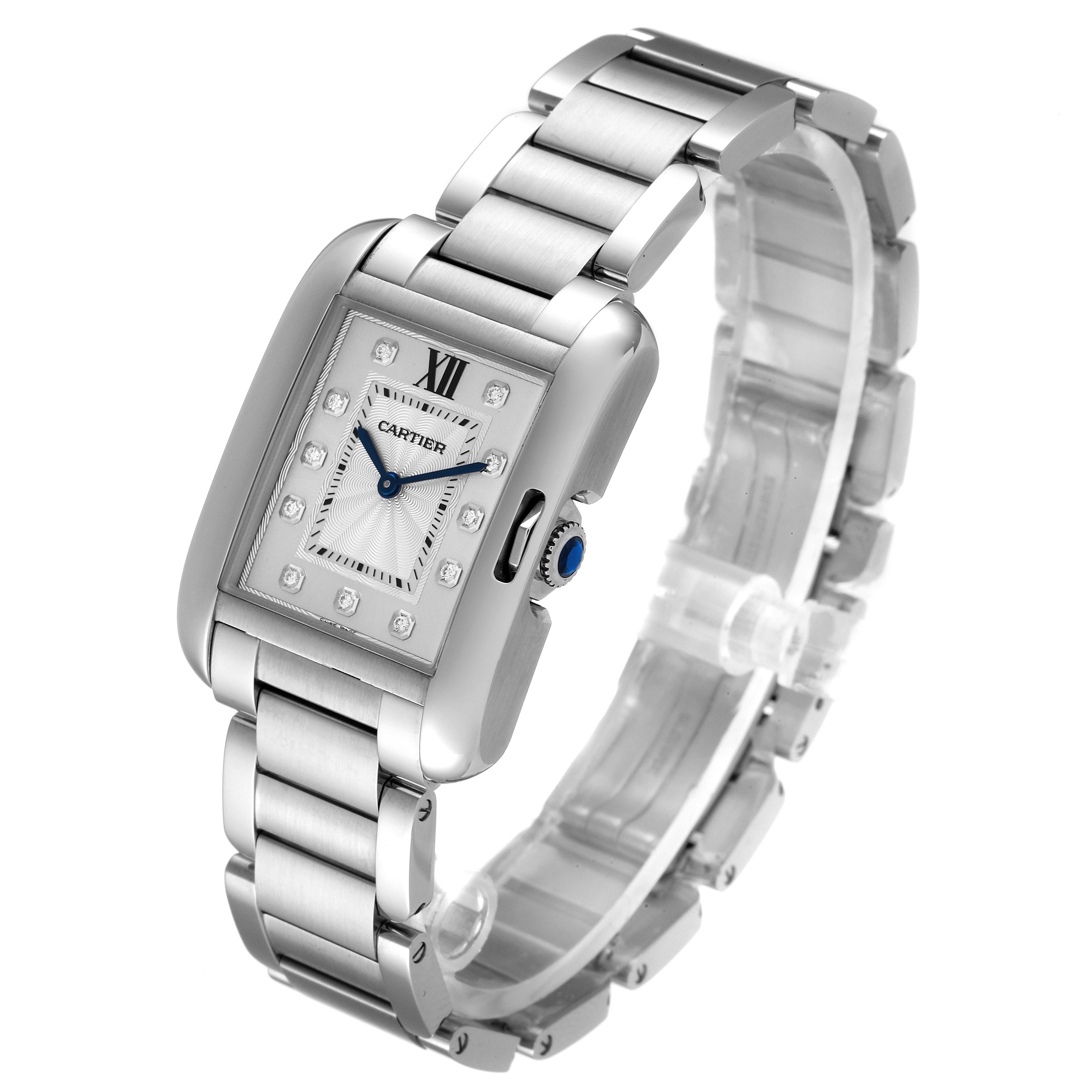 The image shows a Cartier Tank Anglaise W4TA0004 Women's Stainless Steel Silver Dial W4TA0004 Women's Stainless Steel Silver Dial watch at a three-quarter angled view, highlighting its rectangular face, bracelet, and crown.