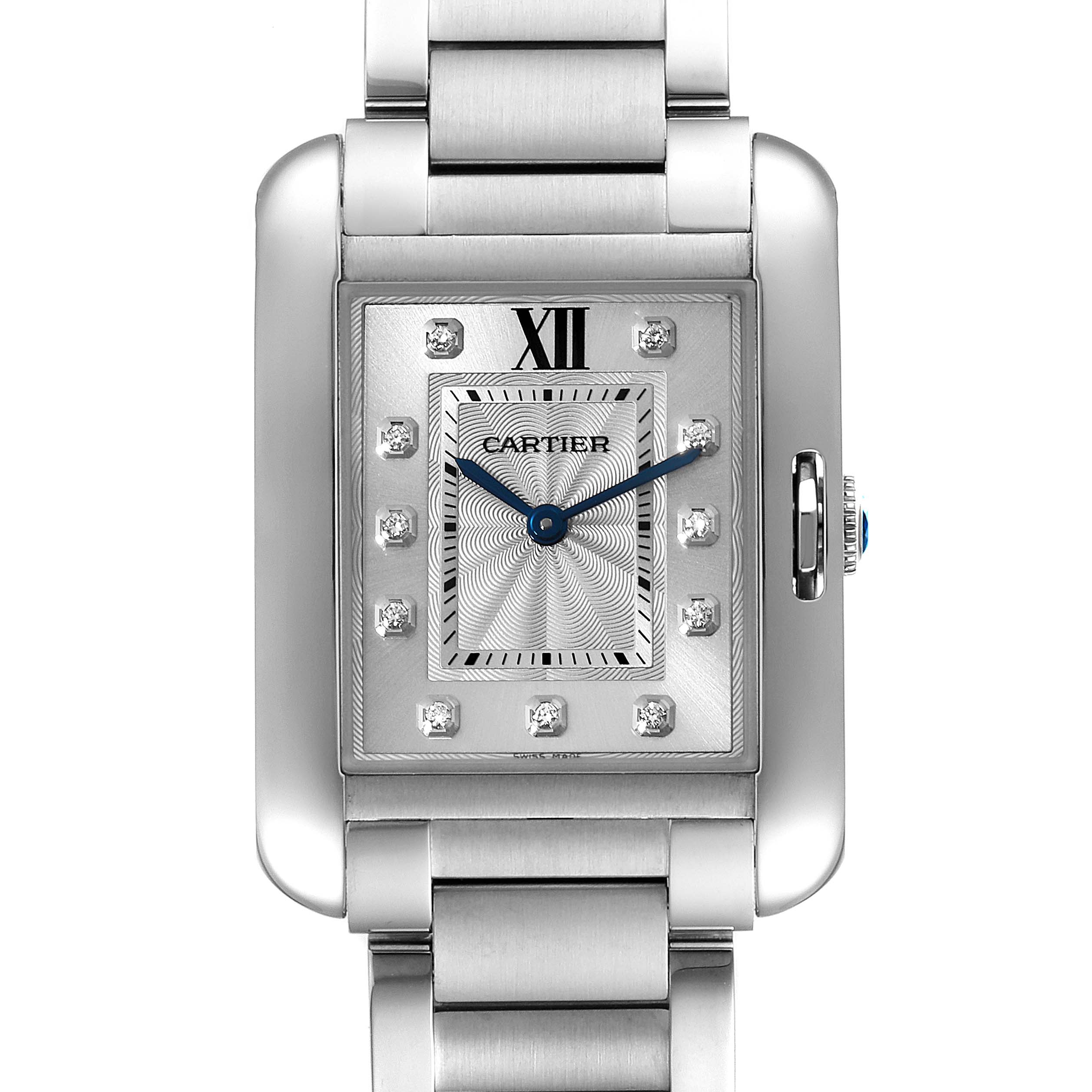 The image shows a close-up front view of the dial and part of the bracelet of the Cartier Tank Anglaise W4TA0004 Women's Stainless Steel Silver Dial W4TA0004 Women's Stainless Steel Silver Dial watch.