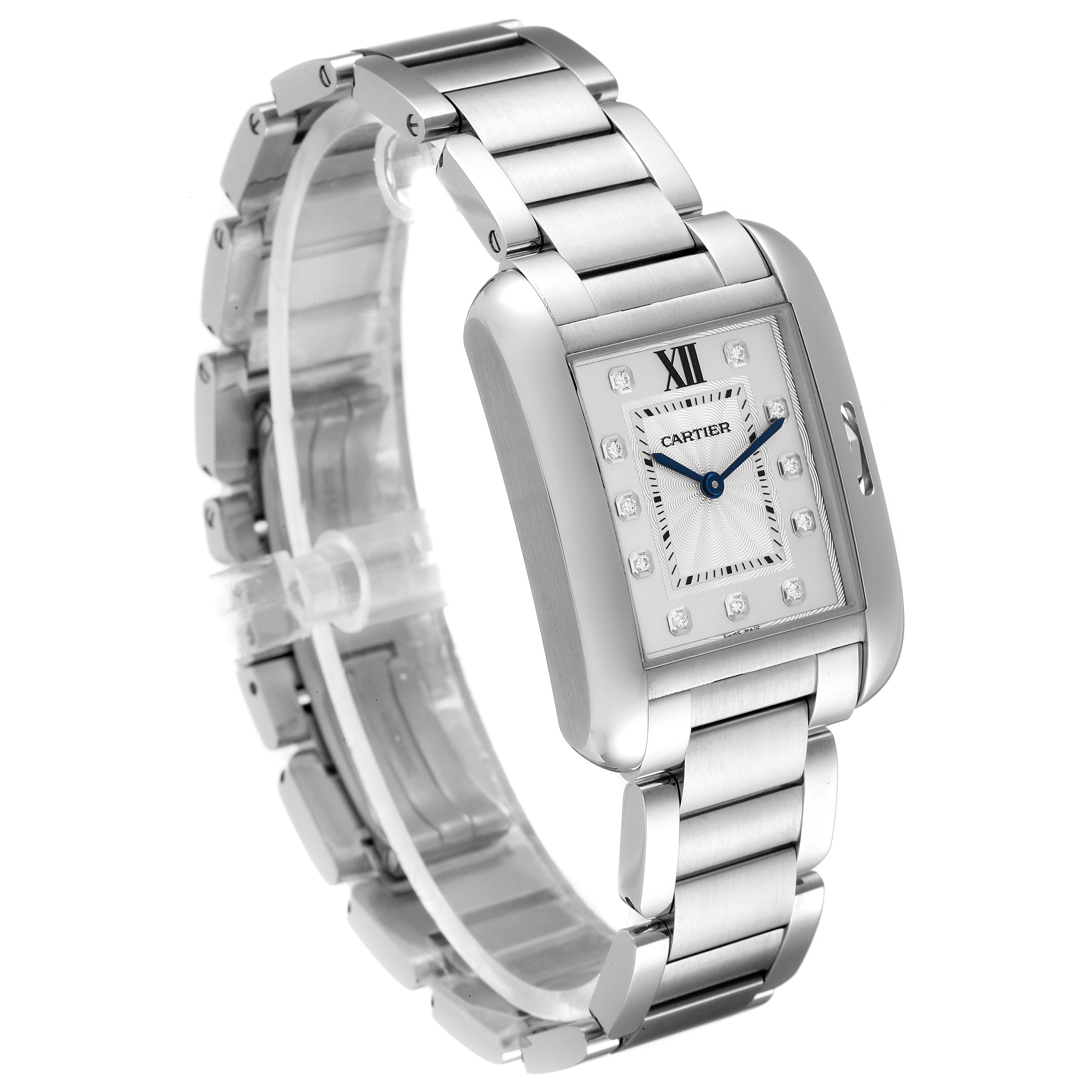 The Cartier Tank Anglaise W4TA0004 Women's Stainless Steel Silver Dial W4TA0004 Women's Stainless Steel Silver Dial watch is shown at a slight angle, highlighting the case, dial, and metal bracelet.
