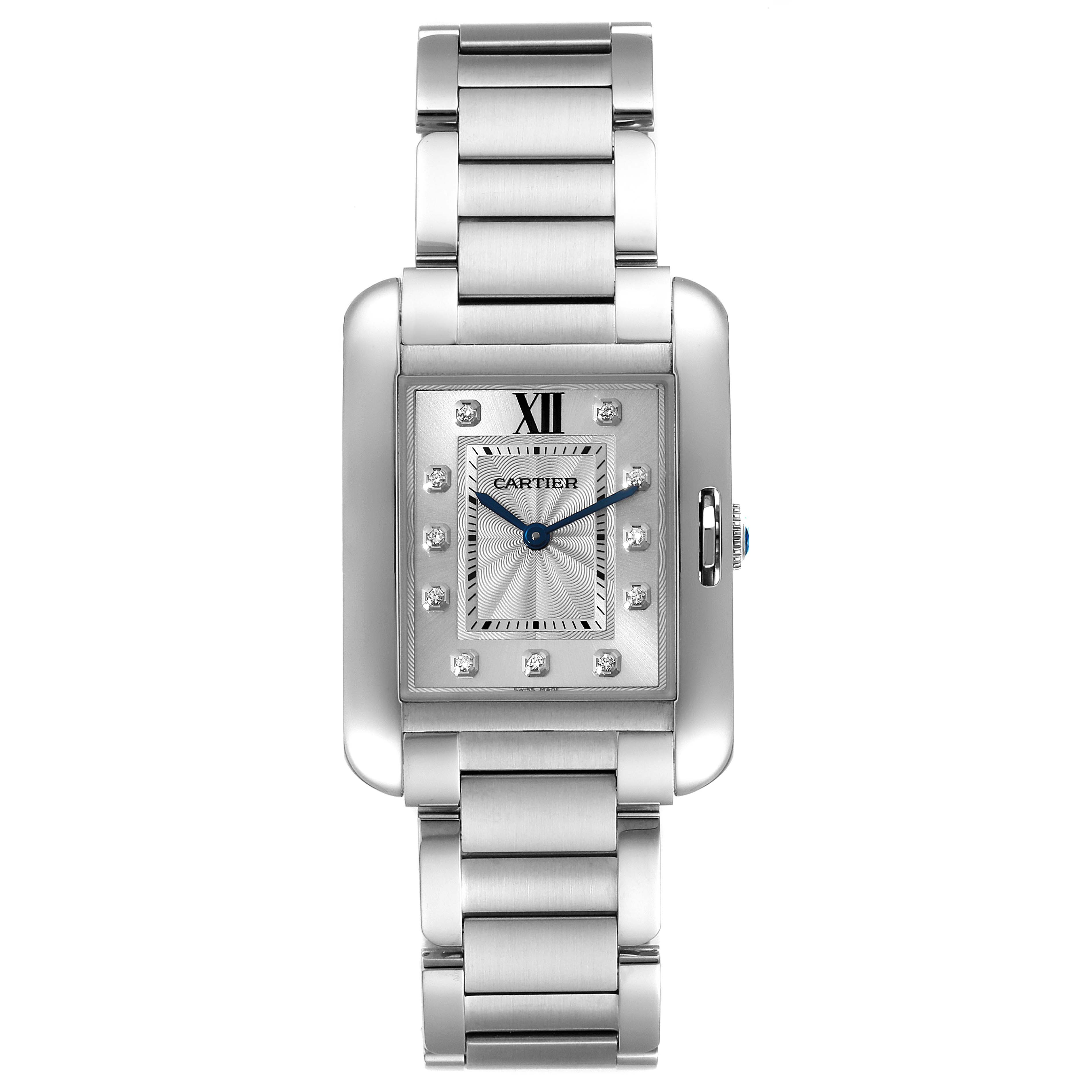 This image shows a front view of the Cartier Tank Anglaise W4TA0004 Women's Stainless Steel Silver Dial W4TA0004 Women's Stainless Steel Silver Dial watch, including the dial and metal bracelet.
