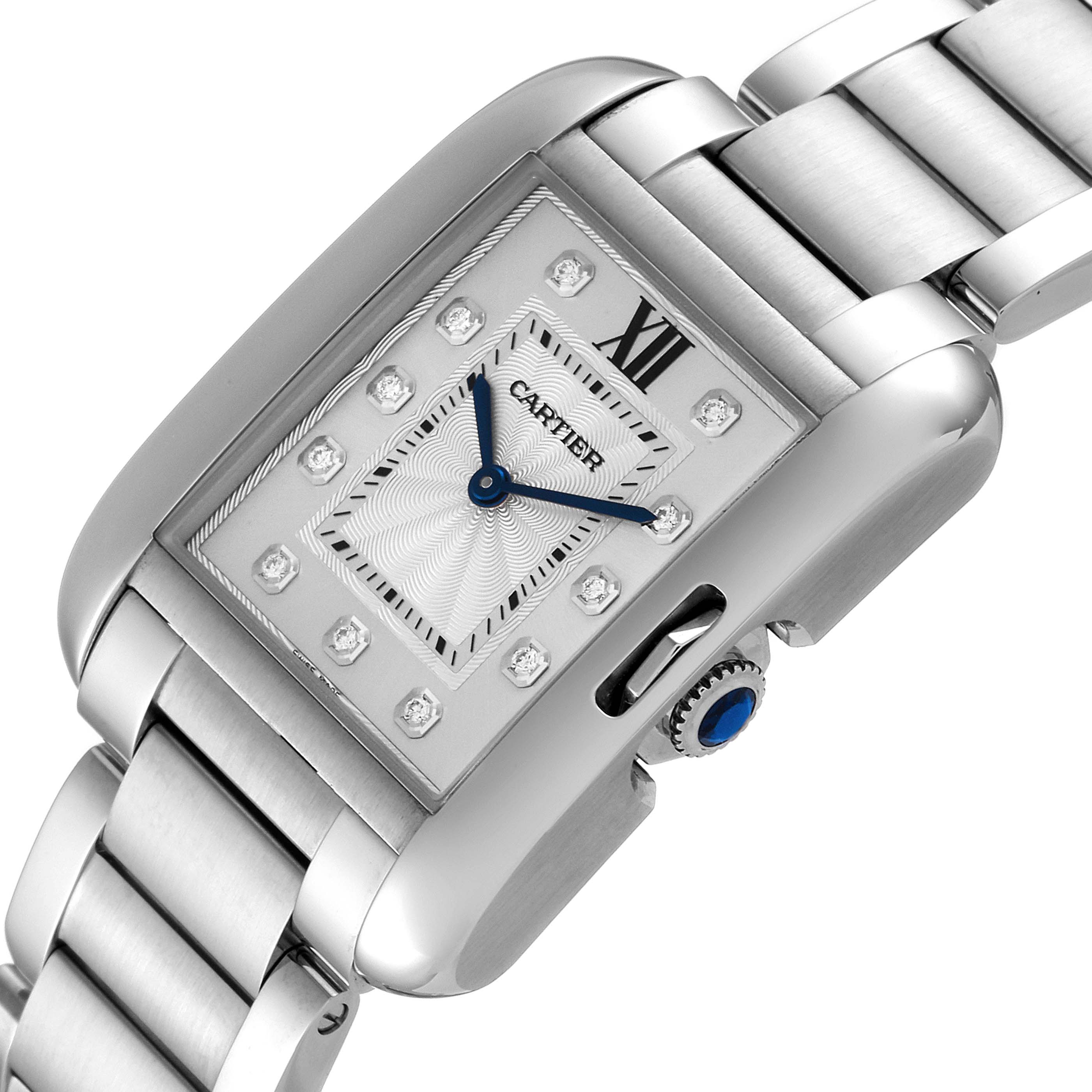 The Cartier Tank Anglaise W4TA0004 Women's Stainless Steel Silver Dial W4TA0004 Women's Stainless Steel Silver Dial watch is shown from a top-side angle, highlighting the dial, case, crown, and part of the bracelet.