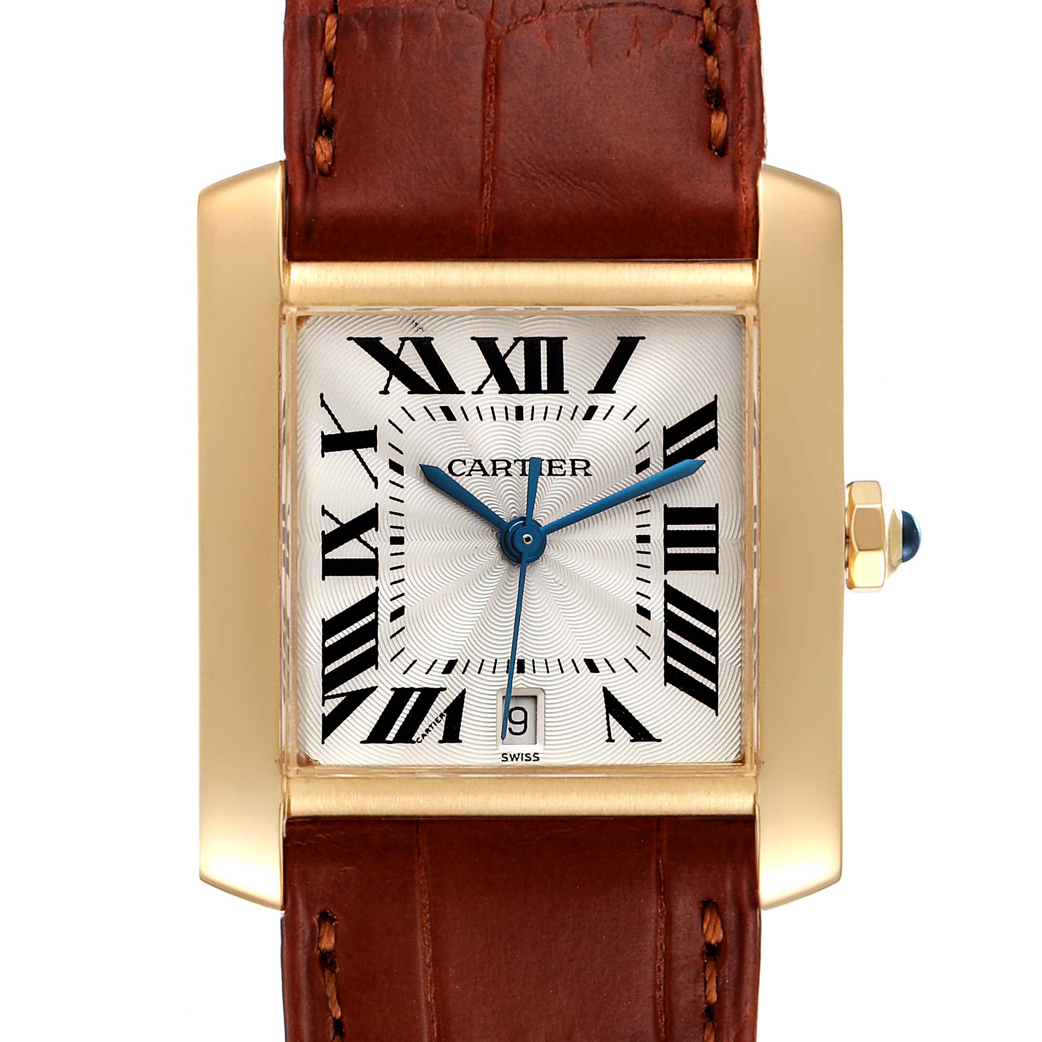 This Cartier Tank Francaise W5000156 Men's Yellow Gold Silver Dial W5000156 Men's Yellow Gold Silver Dial watch is shown from a front angle, highlighting the face, brown leather strap, and gold casing.