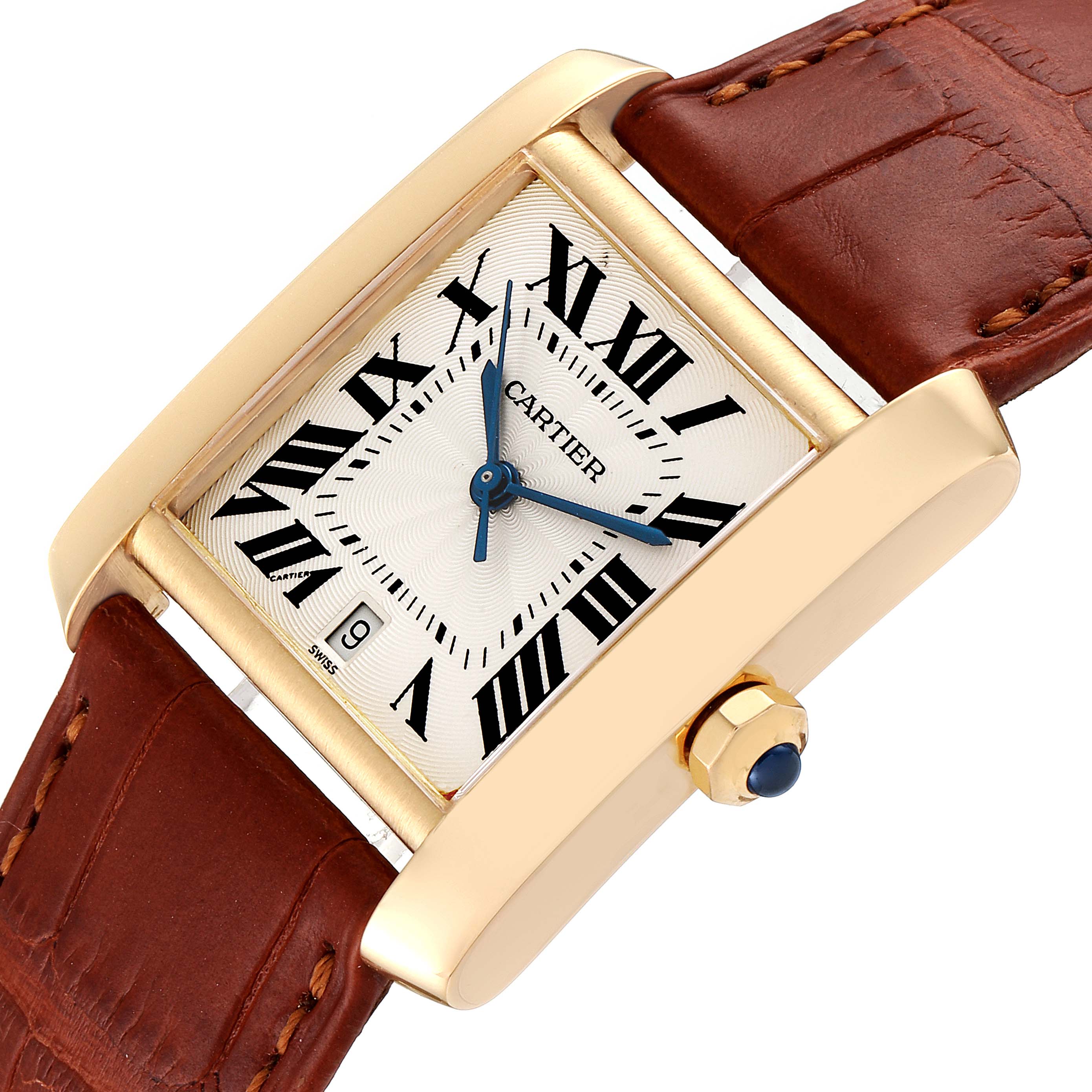 The image shows a Cartier Tank Francaise W5000156 Men's Yellow Gold Silver Dial W5000156 Men's Yellow Gold Silver Dial watch, featuring a gold rectangular case, Roman numeral dial, blue hands, and brown leather strap.