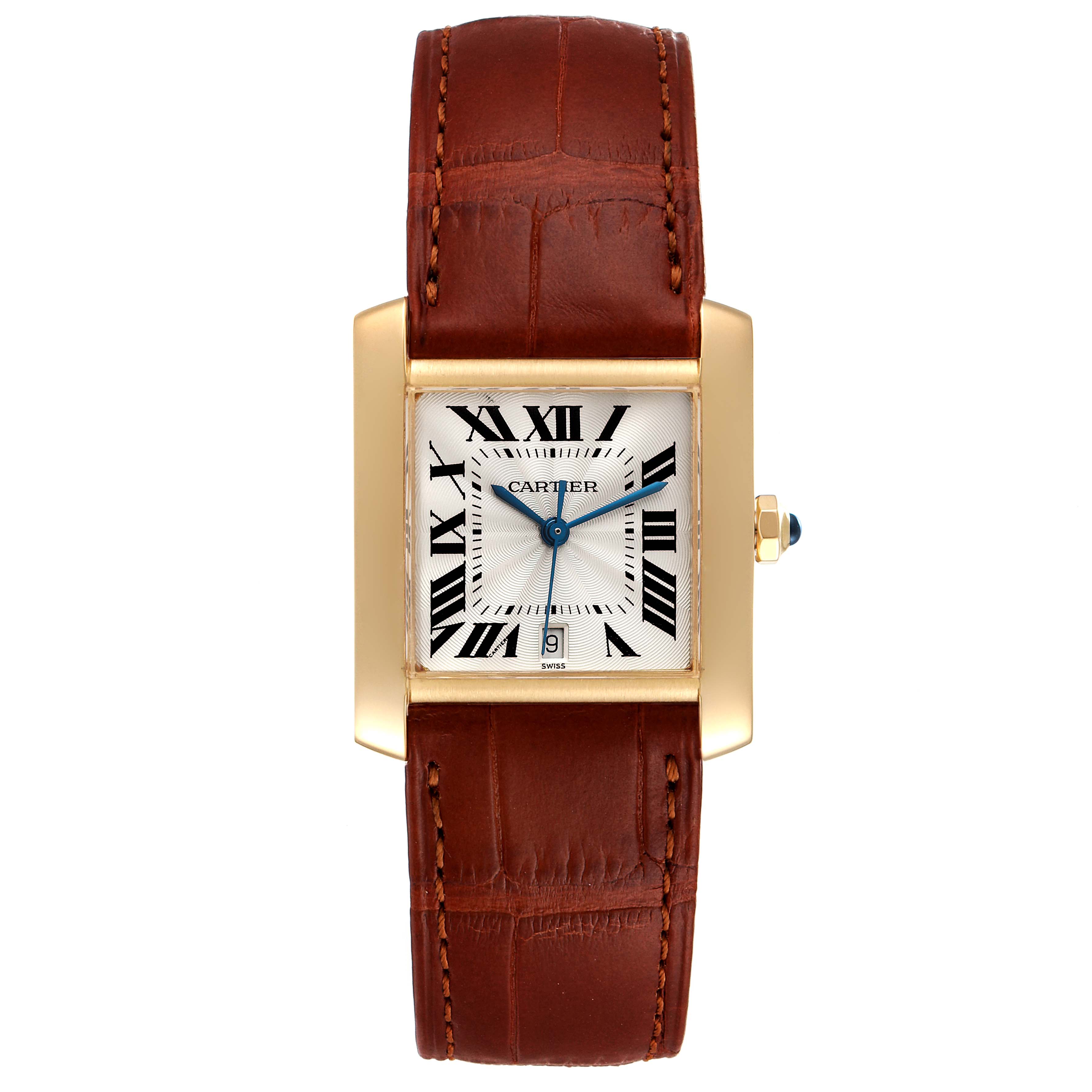 This image shows a front view of the Cartier Tank Francaise W5000156 Men's Yellow Gold Silver Dial W5000156 Men's Yellow Gold Silver Dial watch, featuring its face, bezel, and brown leather strap.