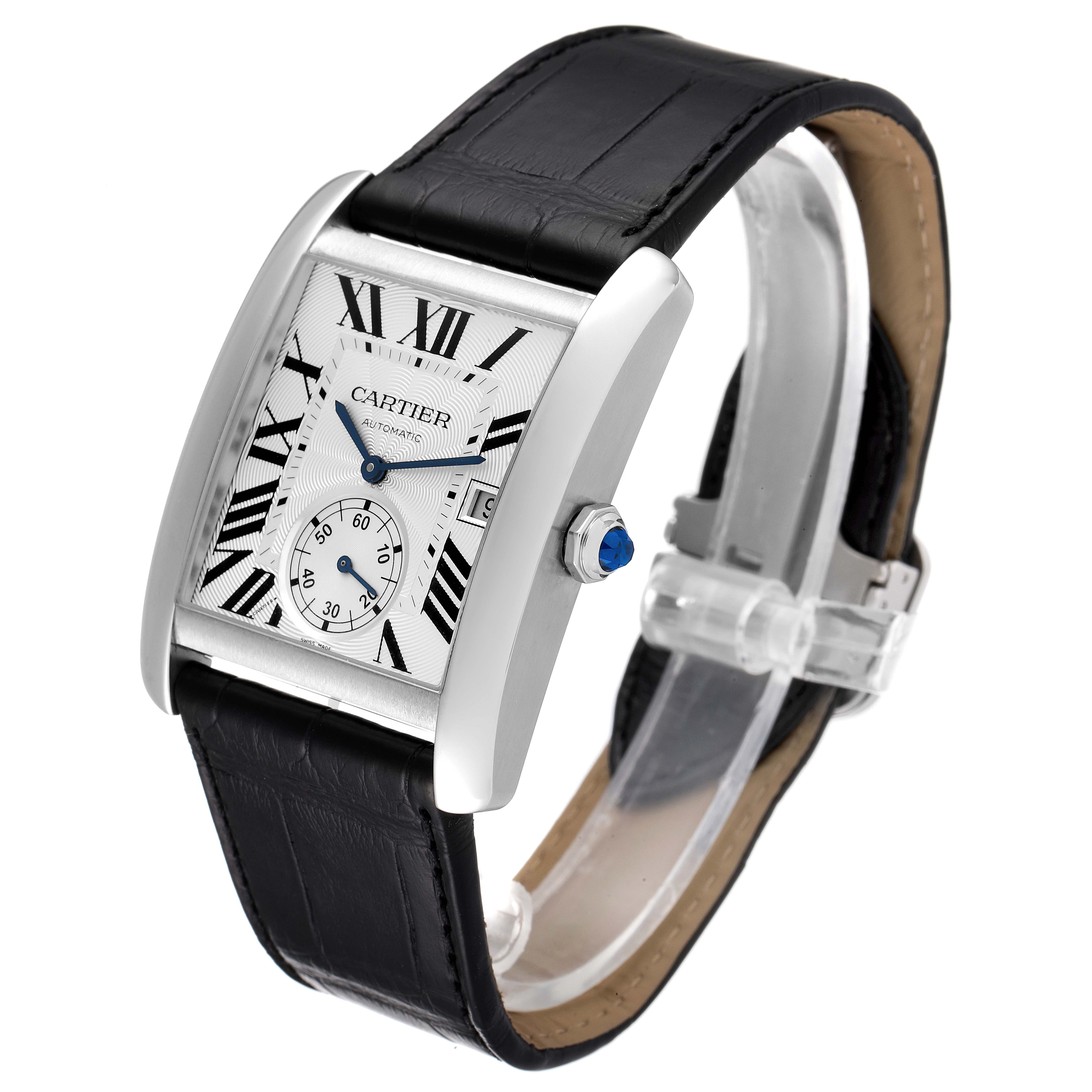 The image shows a Cartier Tank MC W5330003 Men's Stainless Steel Silver Dial W5330003 Men's Stainless Steel Silver Dial watch at a three-quarter angle, highlighting the face, bezel, strap, and crown.