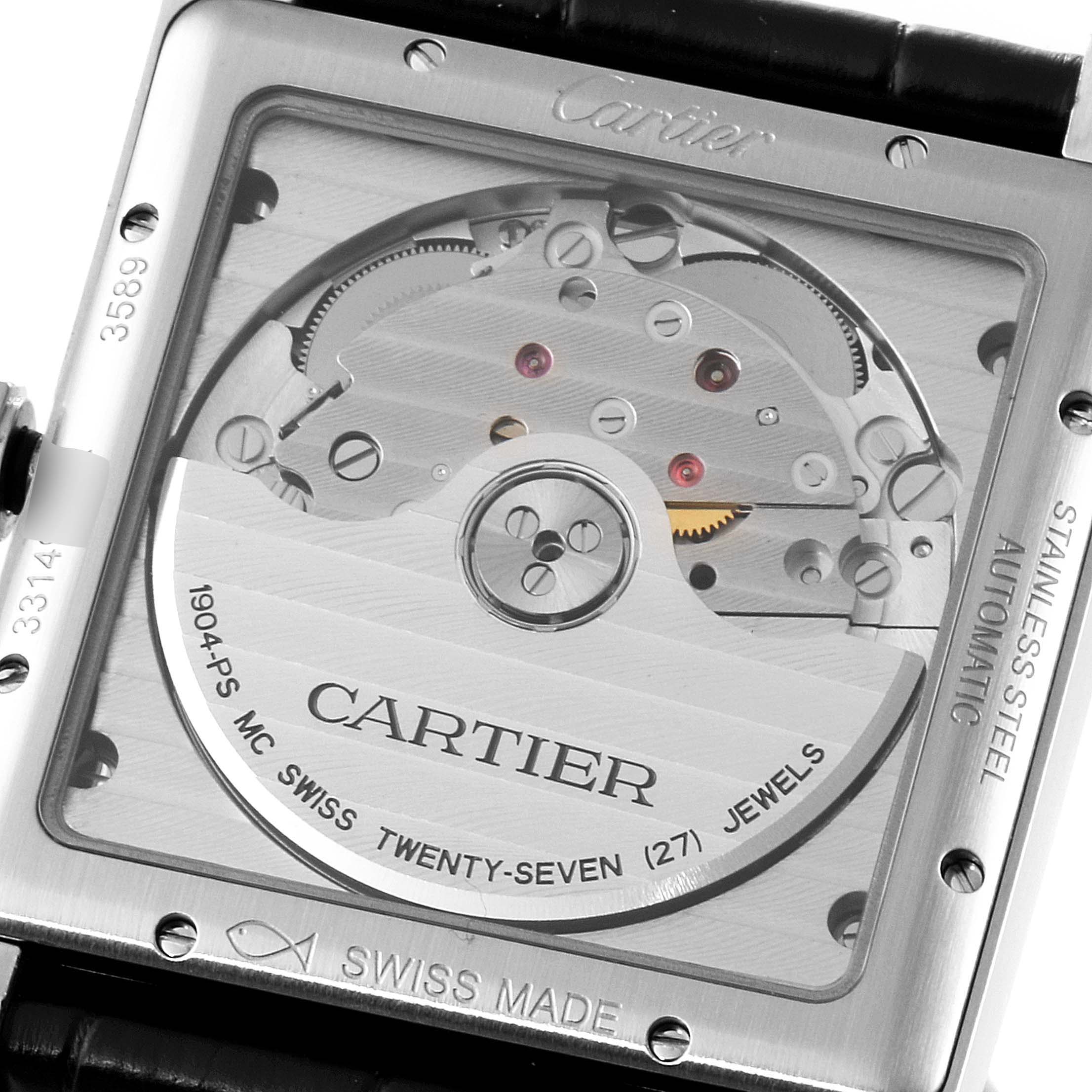 This image shows the back of a Cartier Tank MC W5330003 Men's Stainless Steel Silver Dial W5330003 Men's Stainless Steel Silver Dial watch, highlighting its internal movement and engravings.