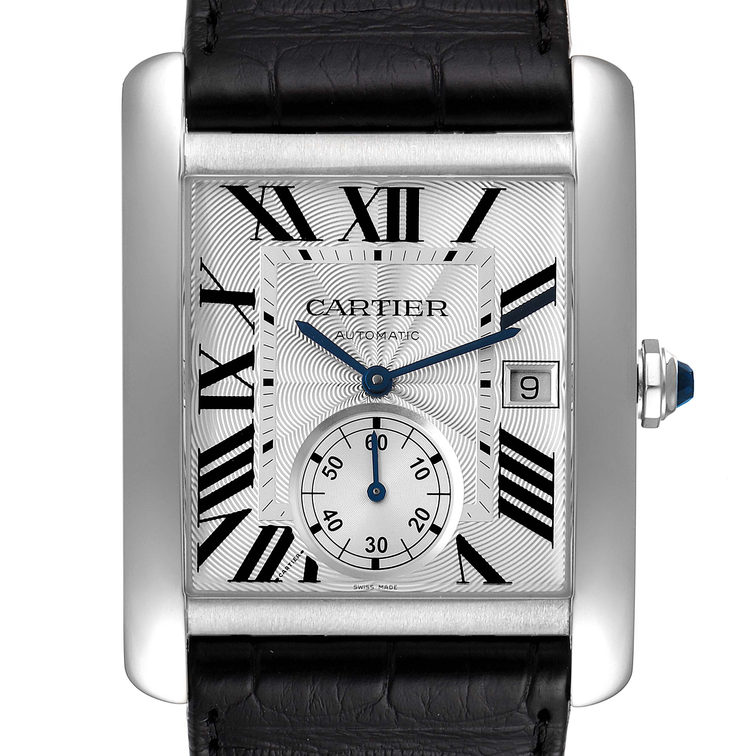 This image shows a frontal view of the dial and part of the strap of the Cartier Tank MC W5330003 Men's Stainless Steel Silver Dial W5330003 Men's Stainless Steel Silver Dial watch.