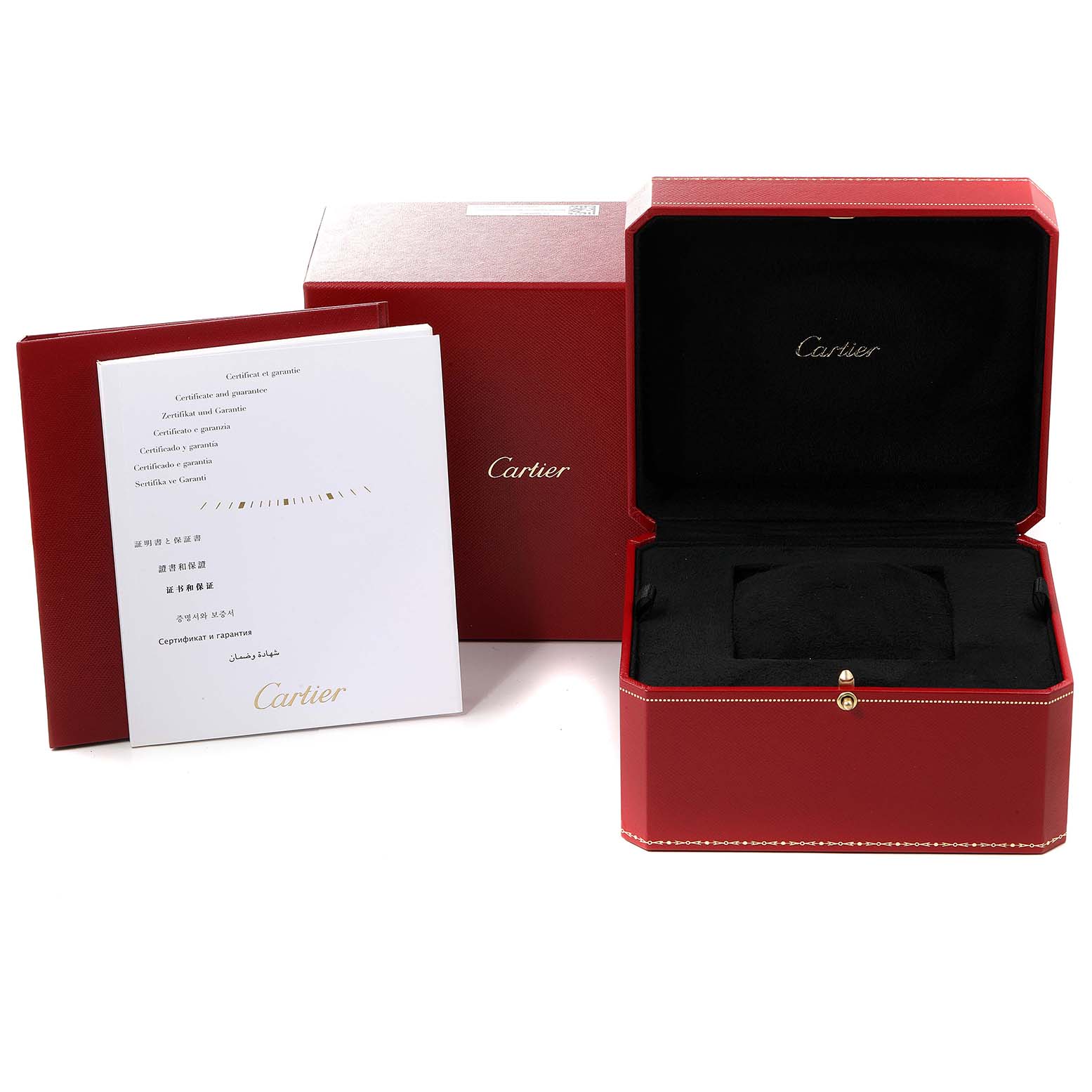 The image shows an open Cartier Tank MC W5330003 Men's Stainless Steel Silver Dial W5330003 Men's Stainless Steel Silver Dial watch box, a warranty card, and an additional box, all viewed from the front.