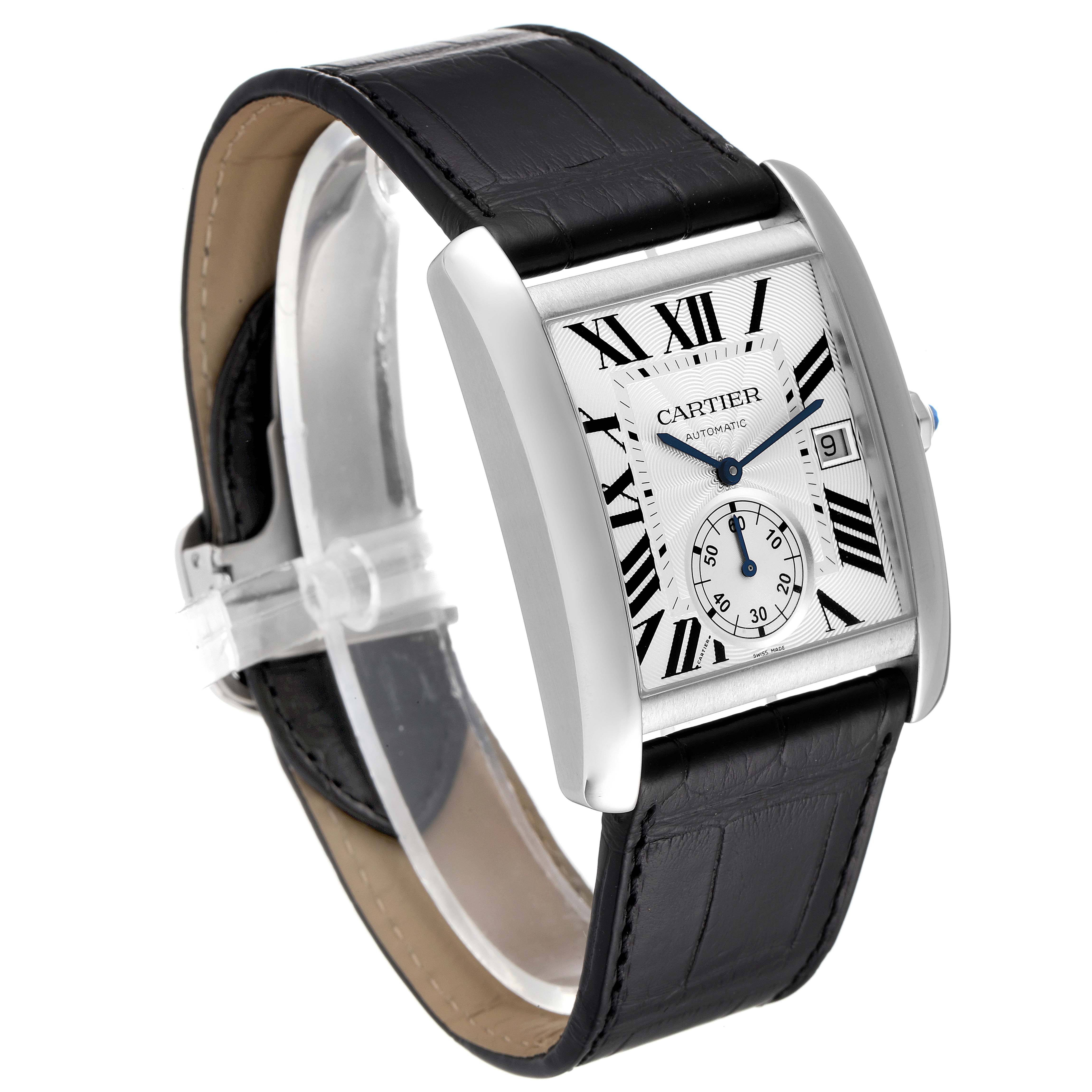 The image shows a Cartier Tank MC W5330003 Men's Stainless Steel Silver Dial W5330003 Men's Stainless Steel Silver Dial watch at a slight angle, highlighting its rectangular face and black leather strap.