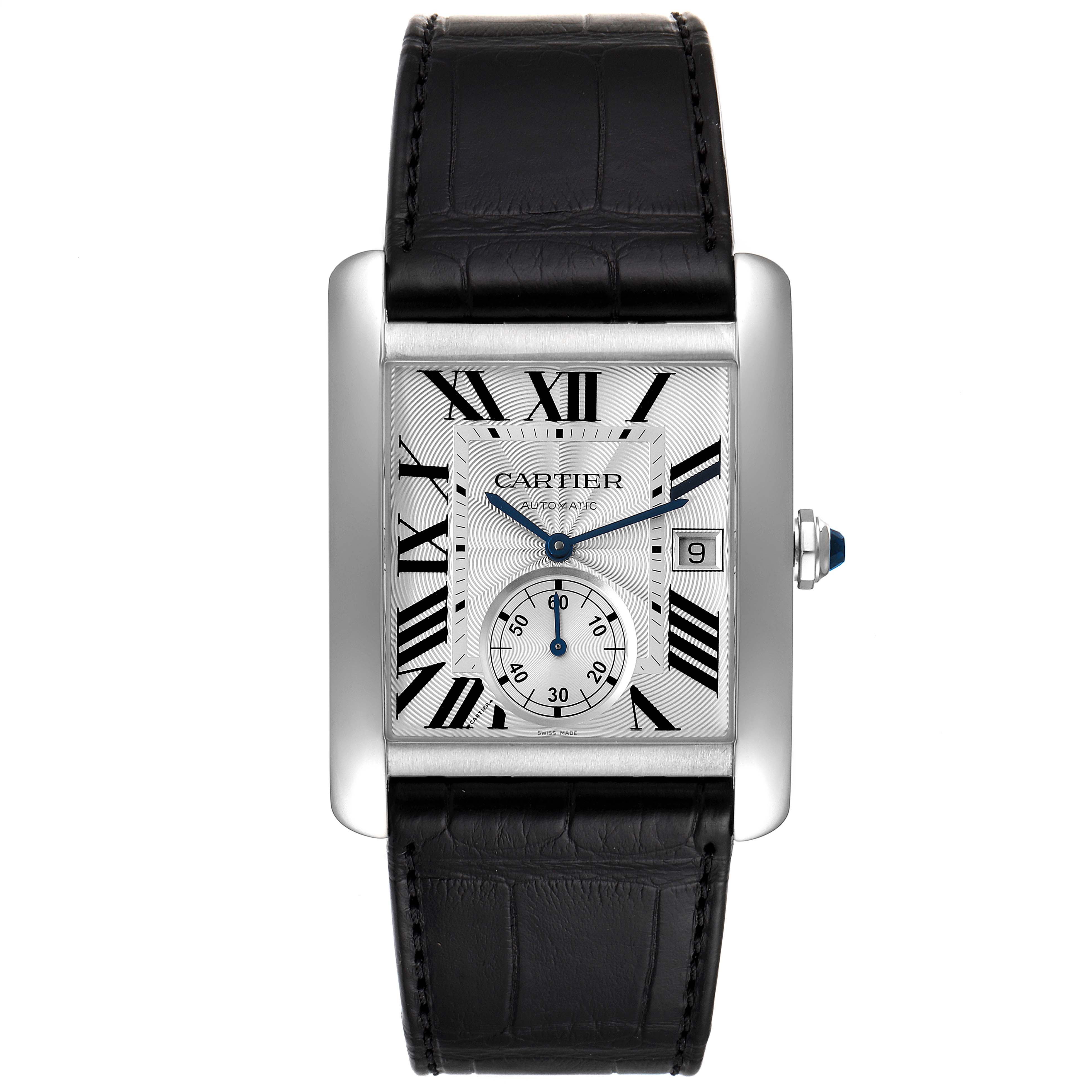 The image shows a front view of the Cartier Tank MC W5330003 Men's Stainless Steel Silver Dial W5330003 Men's Stainless Steel Silver Dial watch, featuring its rectangular face and black leather strap.